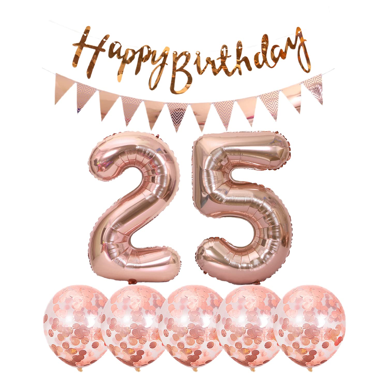 25th Birthday Decorations Set - 2 Number 25 Balloons, Rose Gold Foil Banner, Happy Birthday Garland & 5 Confetti Balloons for Boys & Girls | Perfect for 25 Year Old Birthday Parties, Anniversaries & Milestone Celebrations