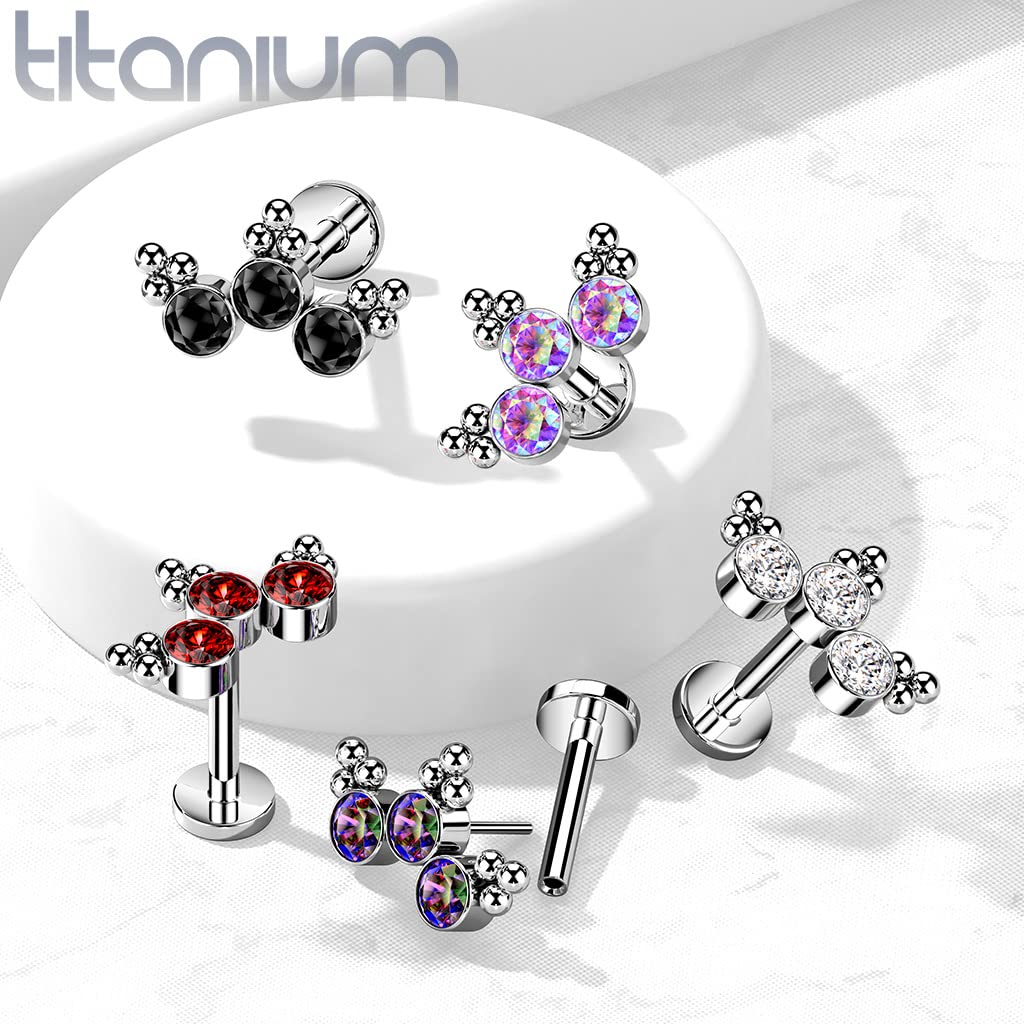 Implant Grade Titanium Threadless Push-In Labret Piercing with 3 Bezel Set CZ Stones & Trinity Ball Cluster - Body Jewelry for Lip, Nose, or Ear Piercings - Sold Individually