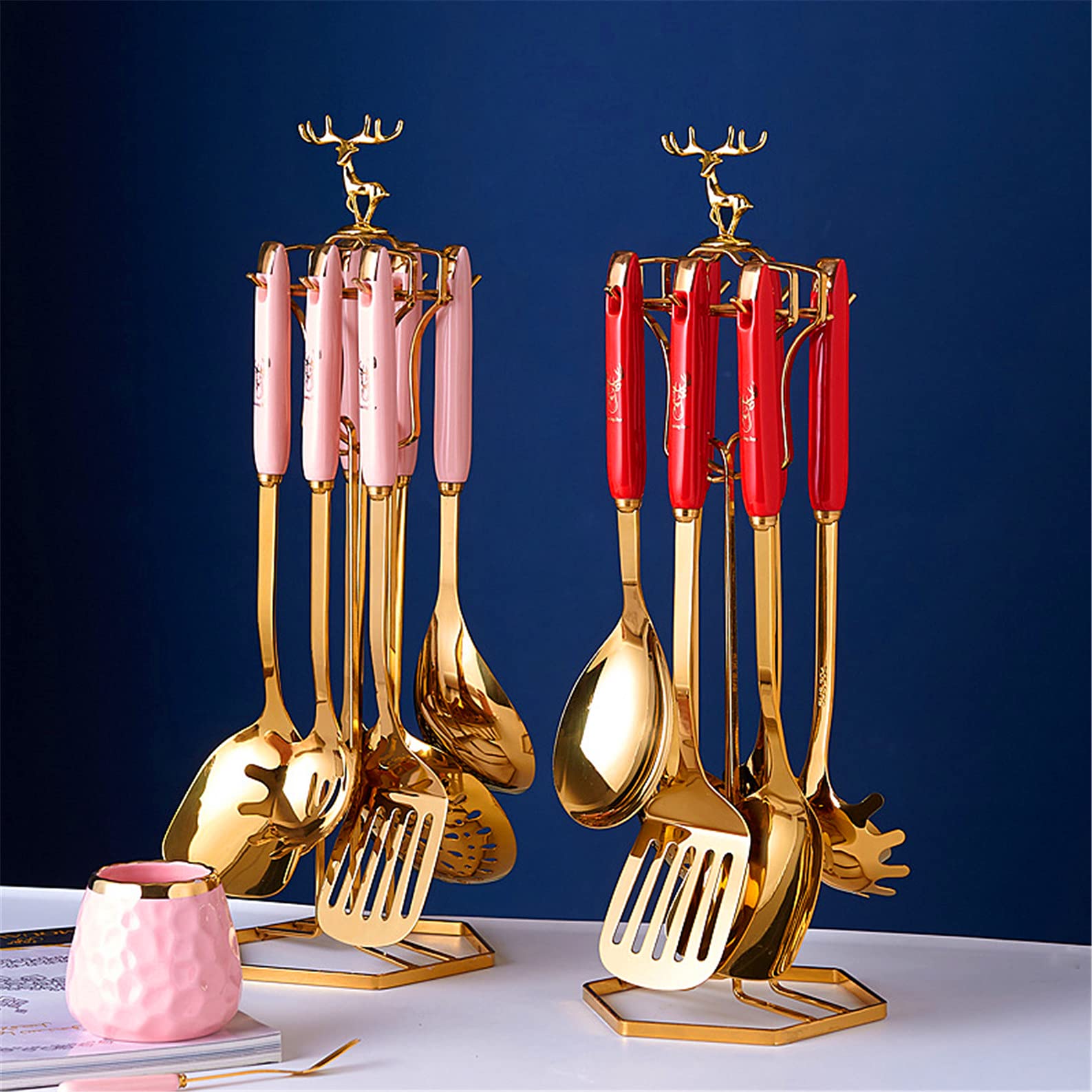Premium 12-Piece Nordic Style Kitchen Utensil Set with Holder - Stainless Steel Soup Ladle, Spatula, Slotted Turner, Skimmer Spoon & Rice Paddle - Deer Antler Design Cookware for Cooking, Baking & Serving - Perfect for Home Kitchens, Restaurants & Gifts