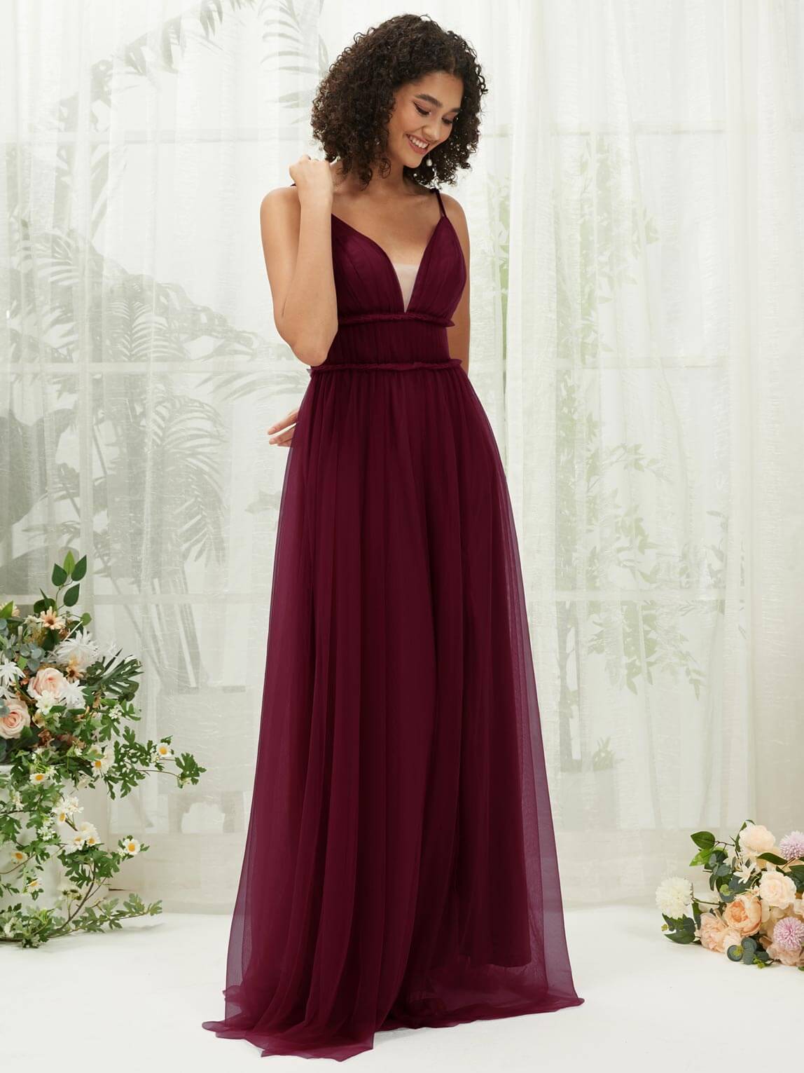 Elegant Burgundy Tulle Backless Pleated Pocket Floor Length Bridesmaid Dresses for Weddings, Formal Events & Special Occasions