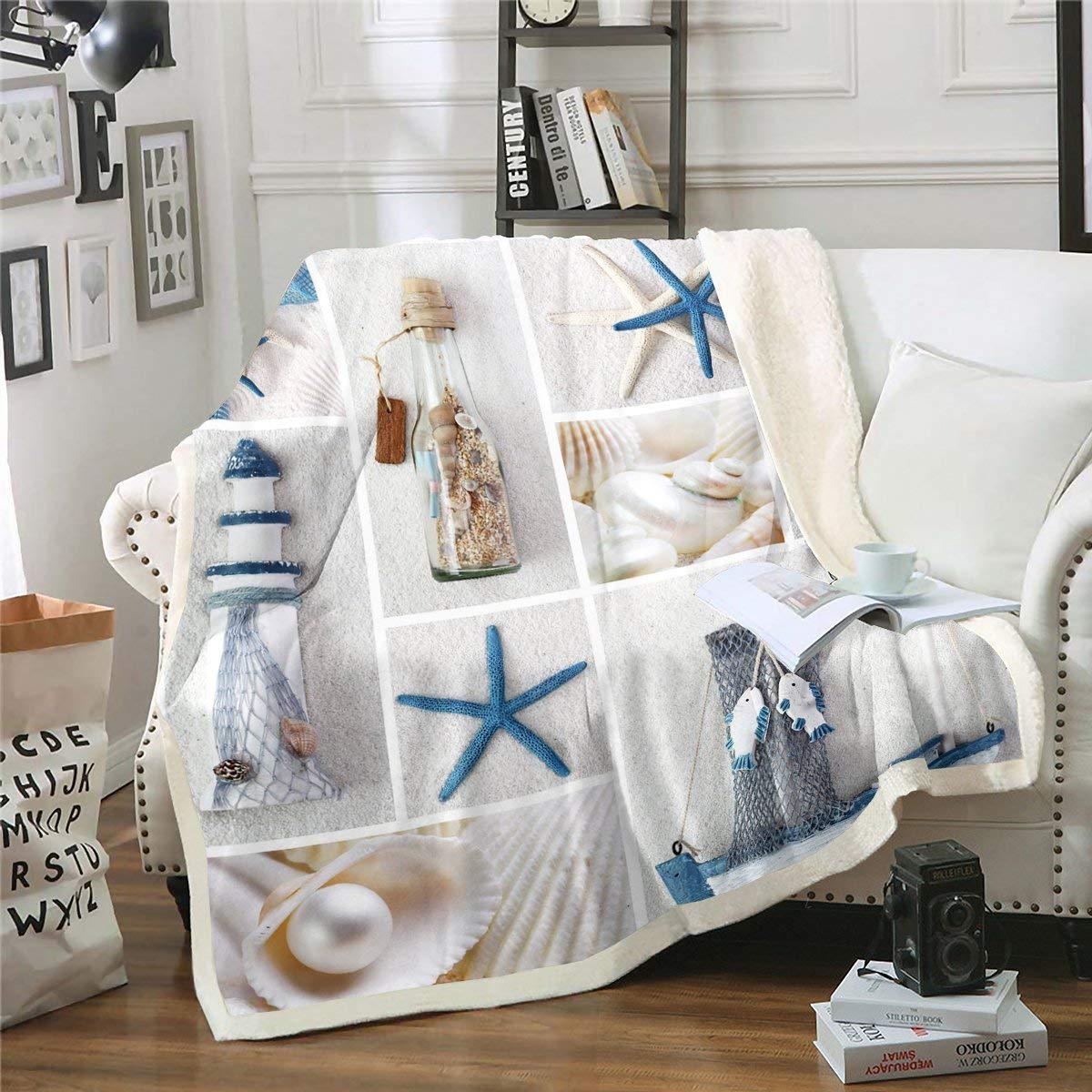 Erosebridal Nautical Sherpa Blanket - Queen Size Beach Themed Throw Blanket with Sailboat Design | Soft Plush Bed Blanket for Kids, Boys, Girls & Teens | Cozy Lighthouse Pearl Fuzzy Blanket for Living Room Decor, Couch & Bedroom Use