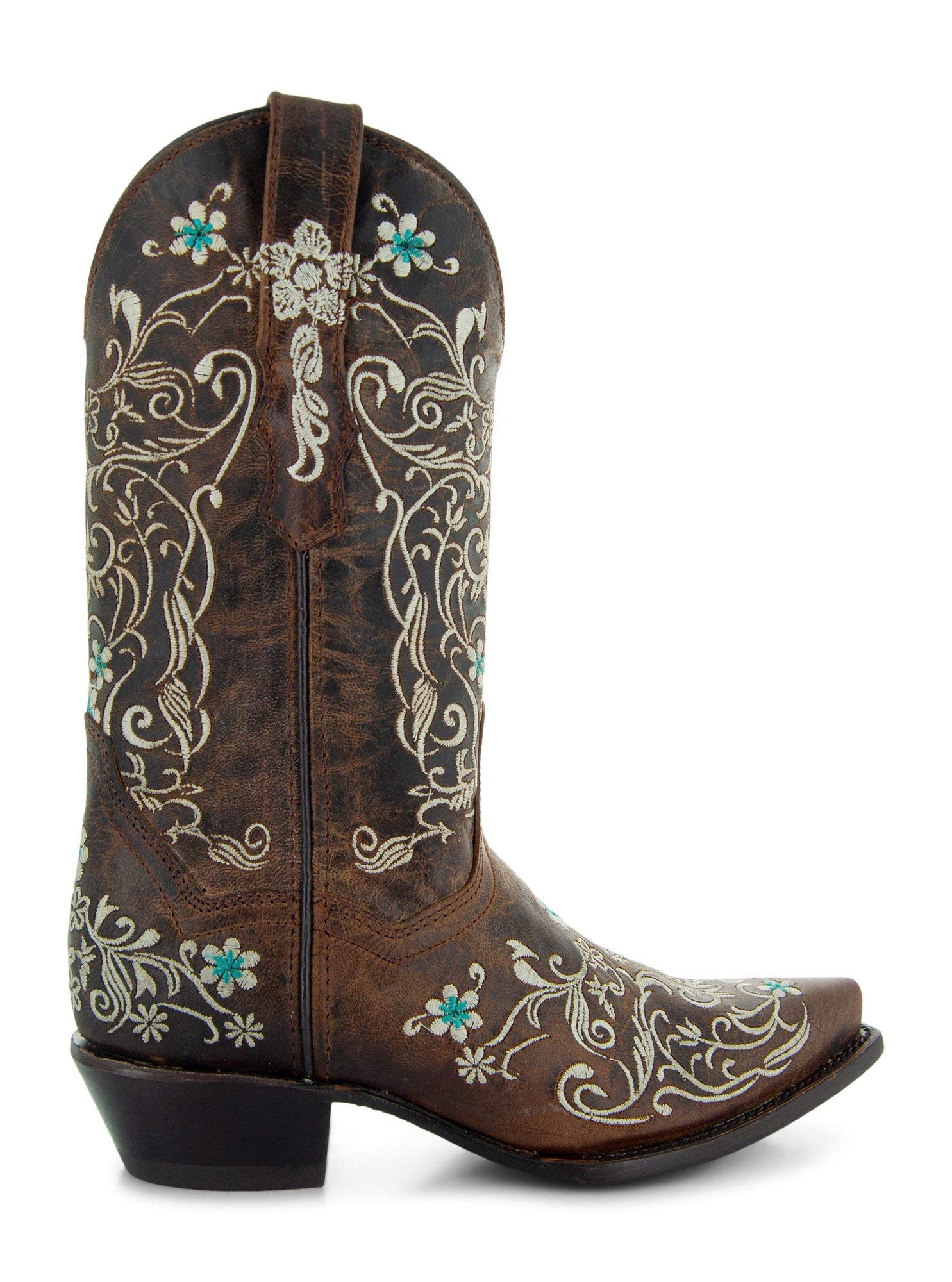 Vintage Flower Embroidered Cowgirl Boots for Women - Genuine Leather Handcrafted Western Boots (M50042 Brown) | Perfect for Country Dancing, Rodeos & Western Fashion
