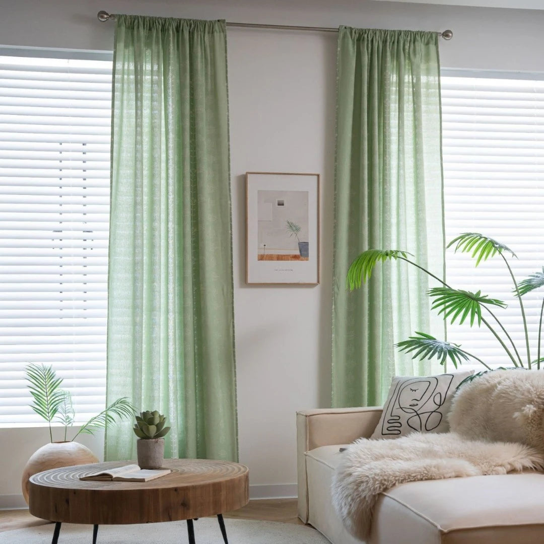 Boho Botanical Geometric Semi-Sheer Custom Curtains for Living Room & Bedroom - Light Filtering Window Drapes with Nature-Inspired Design