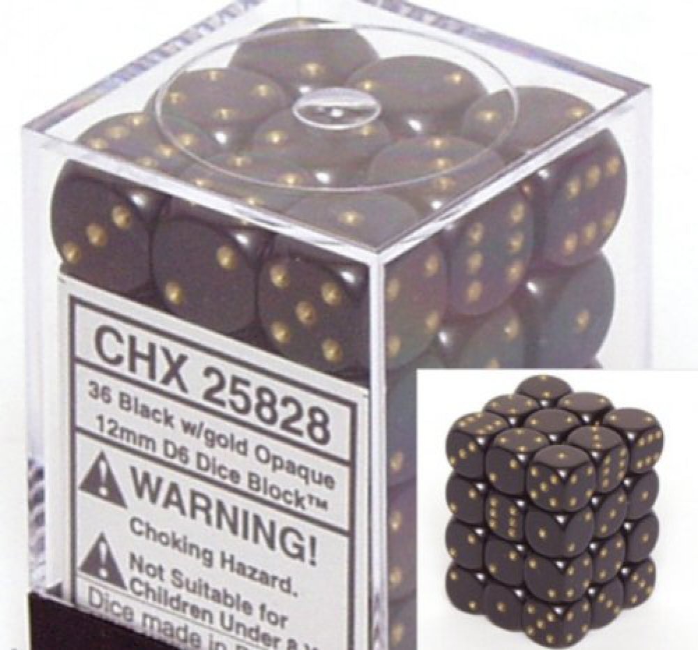 12mm Black and Gold Opaque Dice Set - 36 D6 Polyhedral Dice for Tabletop RPG Games, Dungeons & Dragons, Board Games, and Collectors