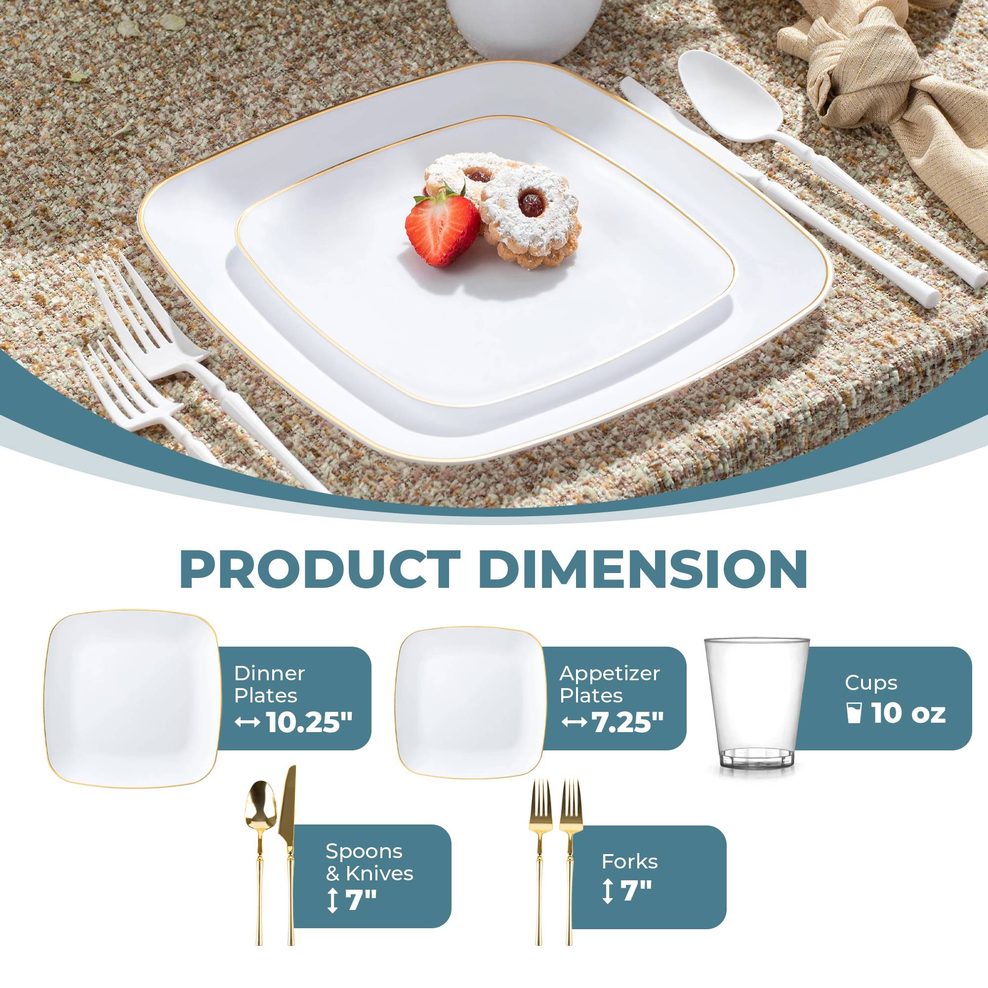 White and Gold Plastic Party Bundle - Classic Square Disposable Plates, Cups & Cutlery Set for Birthday, Wedding & Holiday Celebrations