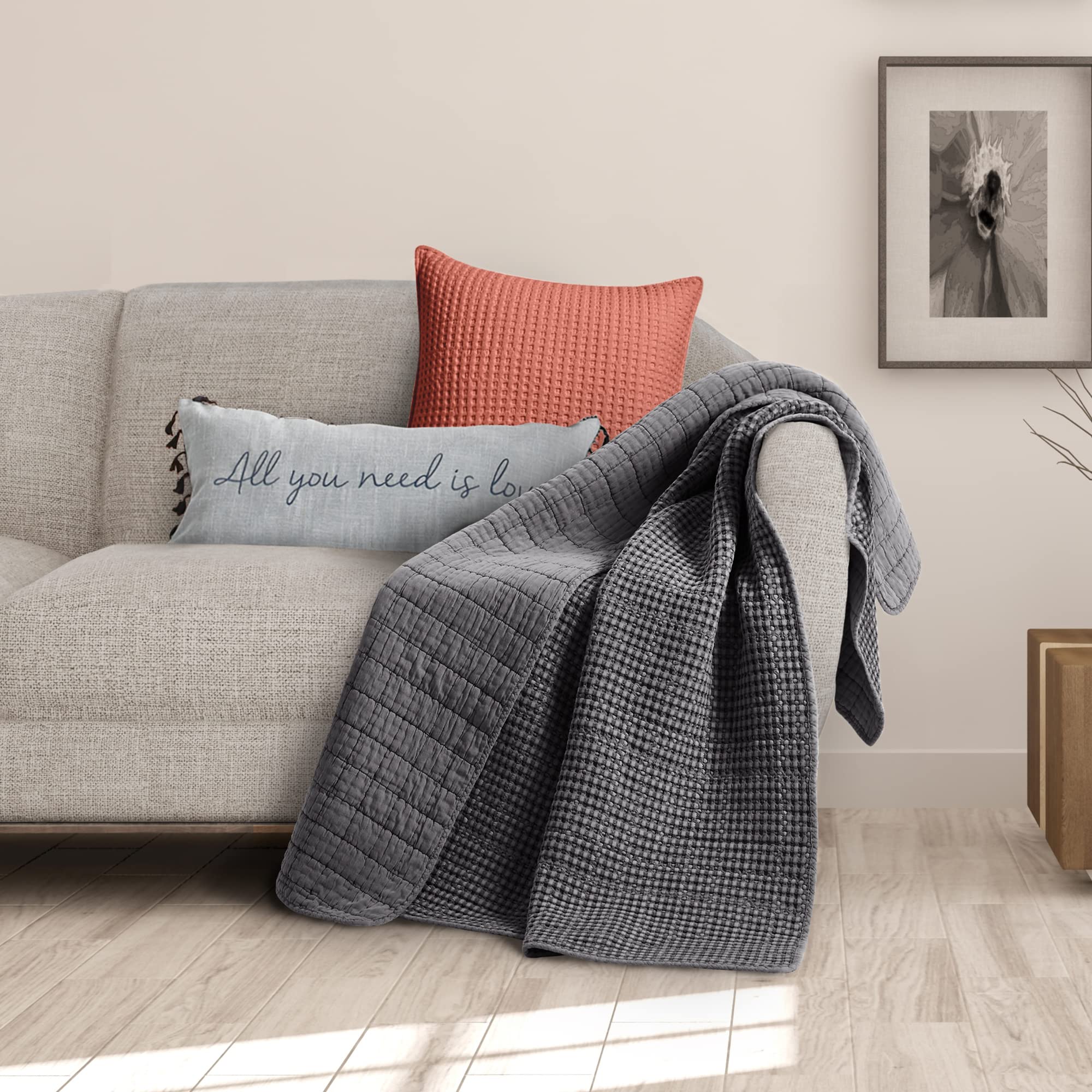 Levtex Home Mills Waffle Throw Blanket - 50x60 Inches Soft Cotton Waffle Weave - Charcoal Grey Cozy Throw for Sofa, Bed & Couch - Perfect for Living Room, Bedroom & Home Decor
