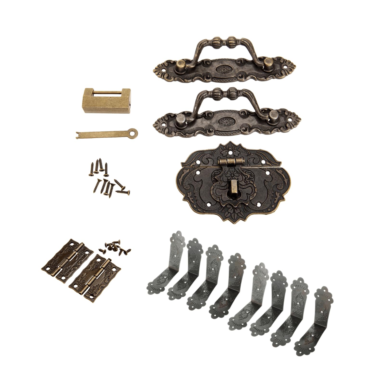 Vintage Decorative Lock & Hardware Kit - Antique Latch Hasps, Pull Handles, Hinges & Corner Brackets for Jewelry Box, Cabinet, Wooden Box & DIY Craft Projects | Perfect for Home Decor, Furniture Restoration & Handmade Gift Making
