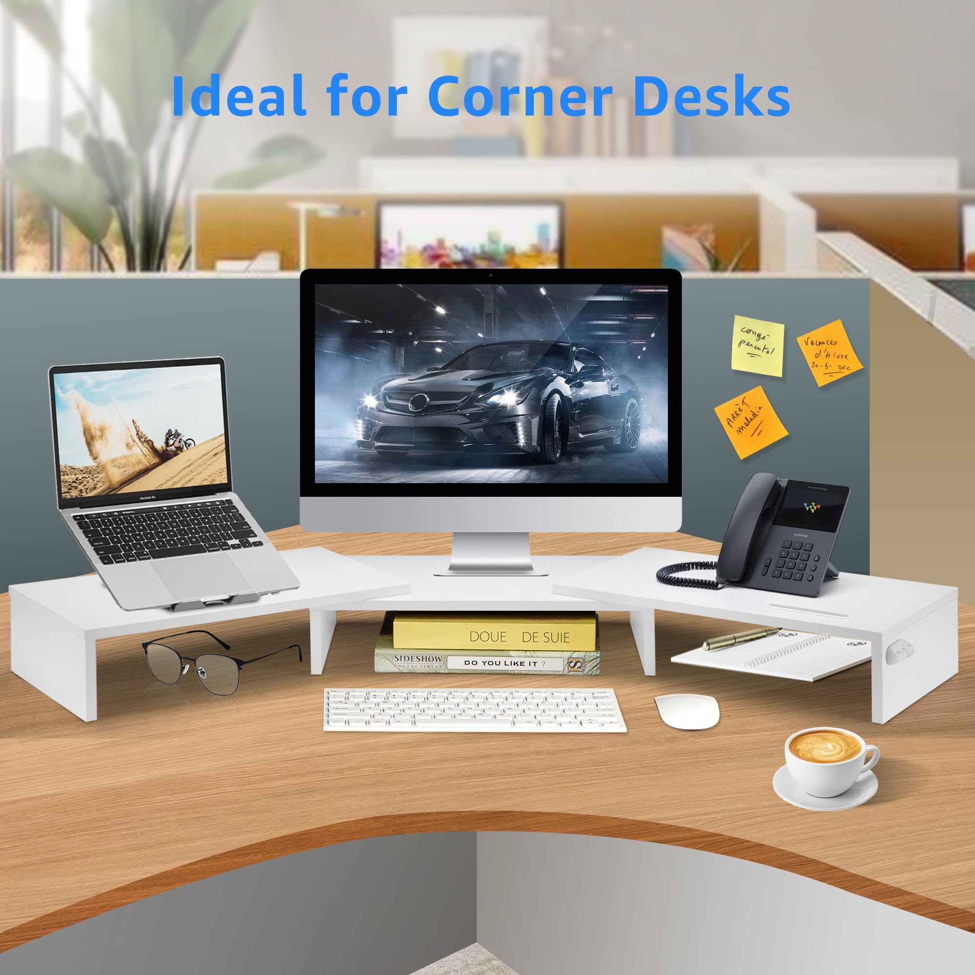 Jaco Dual Monitor Stand Riser for 2 Screens - Adjustable Wooden Desktop Organizer with Smartphone Holder - Perfect for Home Office, Gaming Setup & Workspace Organization (White)