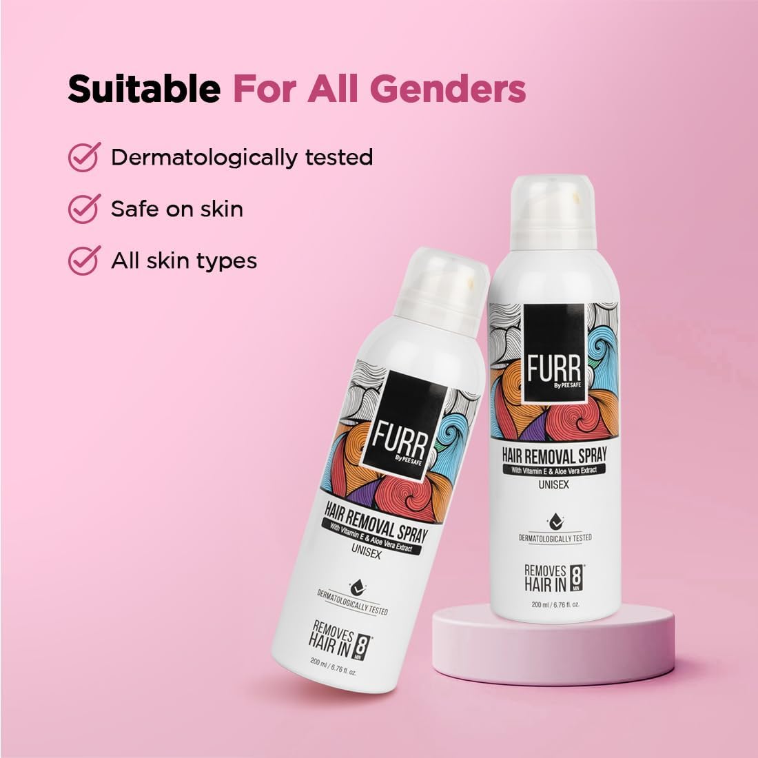 Furr Hair Removal Spray for Men & Women - 200ml with Aloe Vera & Vitamin E | Painless Hair Removal in 8 Minutes | Works on Chest, Arms, Legs, Underarms & Bikini Area | Leaves Skin Soft & Smooth | Perfect for Home Use & Travel