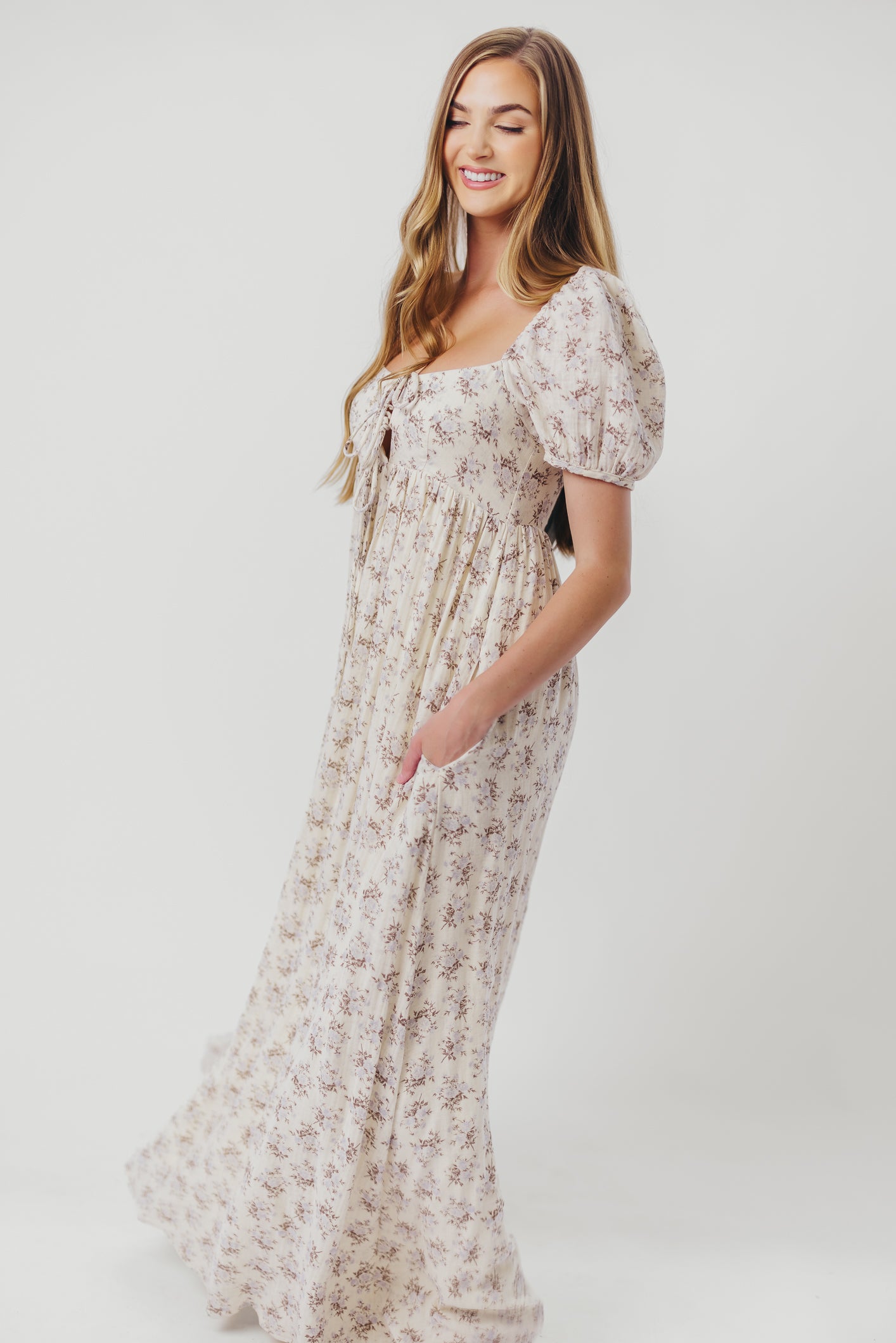 Haven 100% Cotton Tie Front Maxi Dress - Blue & Brown Floral Print | Bump Friendly Maternity Dress | Perfect for Beach, Vacation & Summer Outfits
