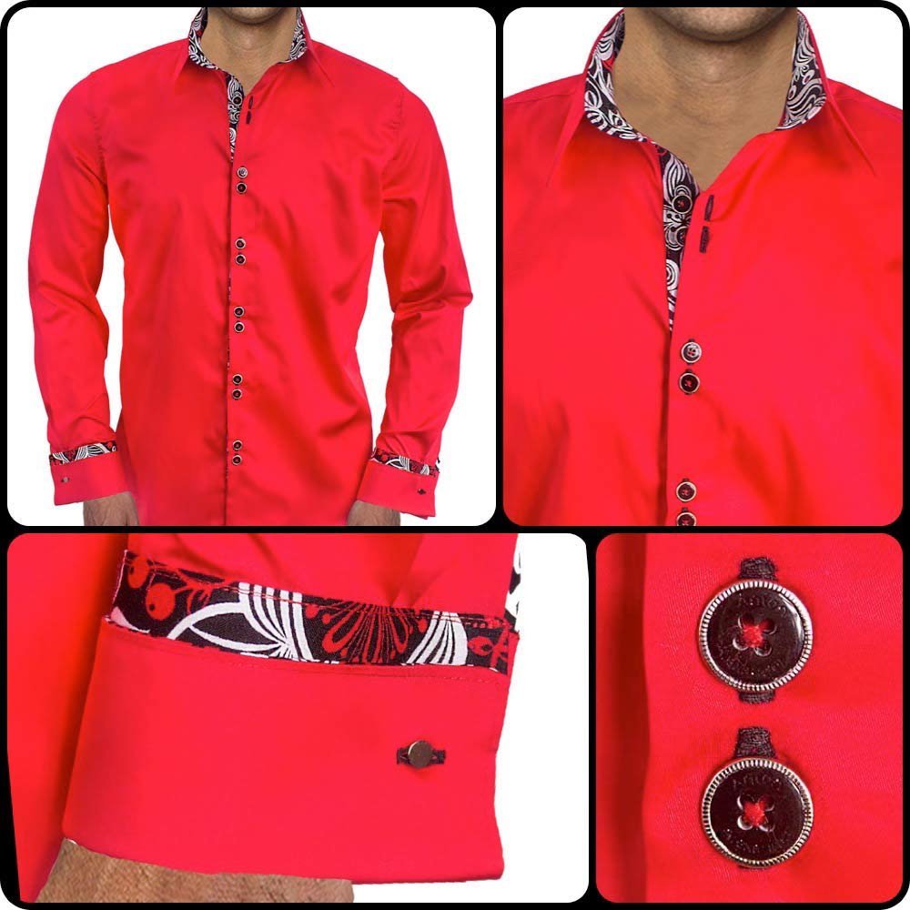 Premium Bright Red & Black French Cuff Dress Shirts for Men - 100% Cotton Formal Business Attire - Made in USA - Perfect for Weddings, Office Meetings & Special Occasions