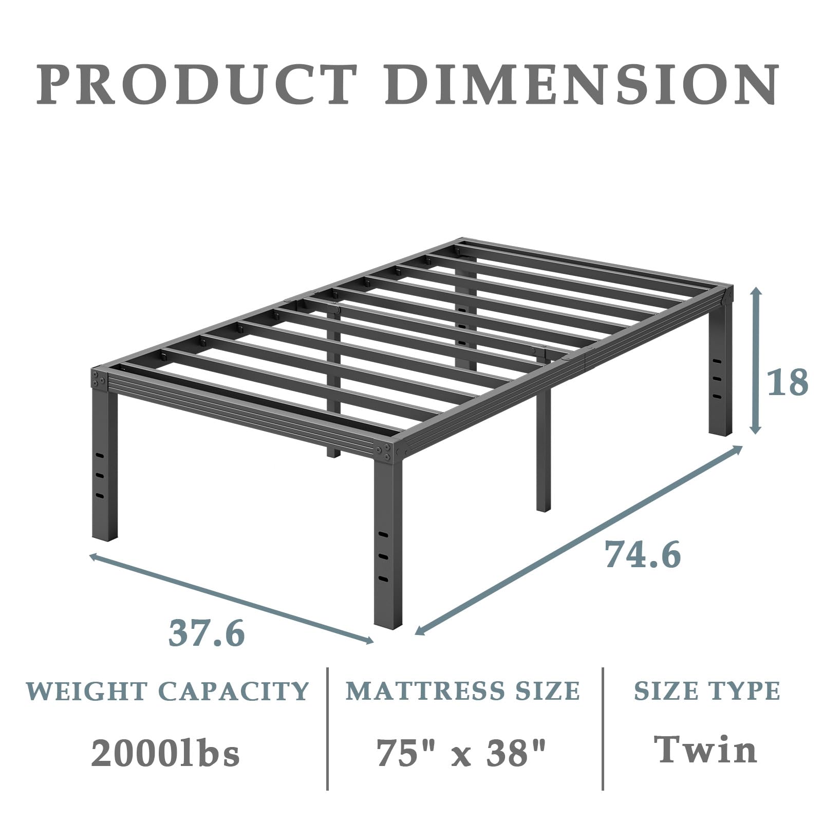 18 Inch Heavy Duty Twin Metal Bed Frame - No Box Spring Needed, Easy Assembly, Reinforced Steel Slats, Noise Free Mattress Foundation - Perfect for Kids Rooms, Guest Beds & Small Spaces (Black)