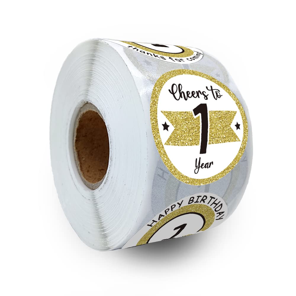 REWIDPARTY White Gold 1st Birthday Stickers - 500 Cheers to 1 Year Adhesive Party Stickers Roll for Baby's First Birthday Party Decorations, Anniversary Favors & Cake Toppers - Perfect for DIY Invitations, Gift Wrapping & Photo Booth Props