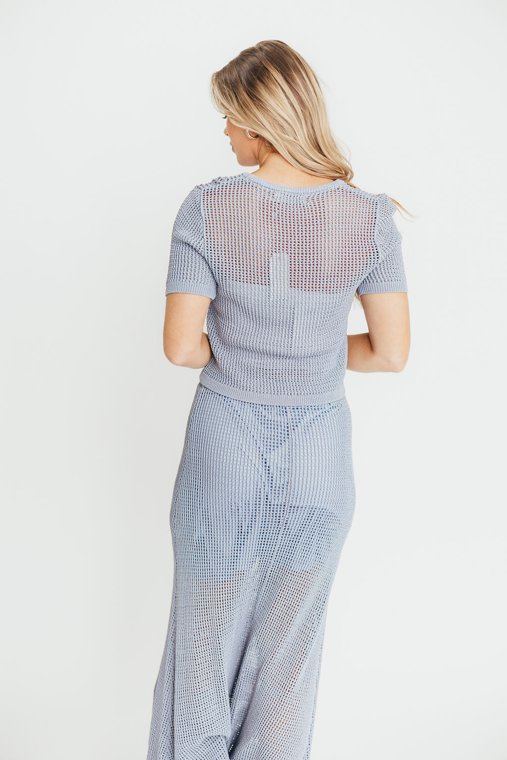 Aidan Open Knit Top and Maxi Skirt Set - Blue Grey Women's Outfit | Perfect for Casual Wear, Beach Vacation & Summer Fashion