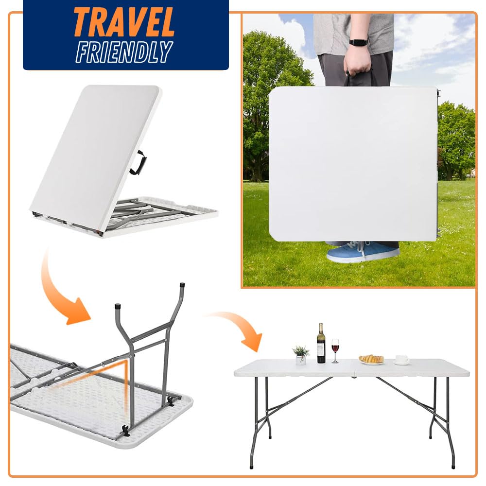 8FT Heavy Duty Folding Table - Indoor Outdoor Portable Plastic Picnic Table with Handle & Lock - White (4ft 6ft 8ft Sizes) for Parties, Camping, BBQ, Tailgating & Home Dining