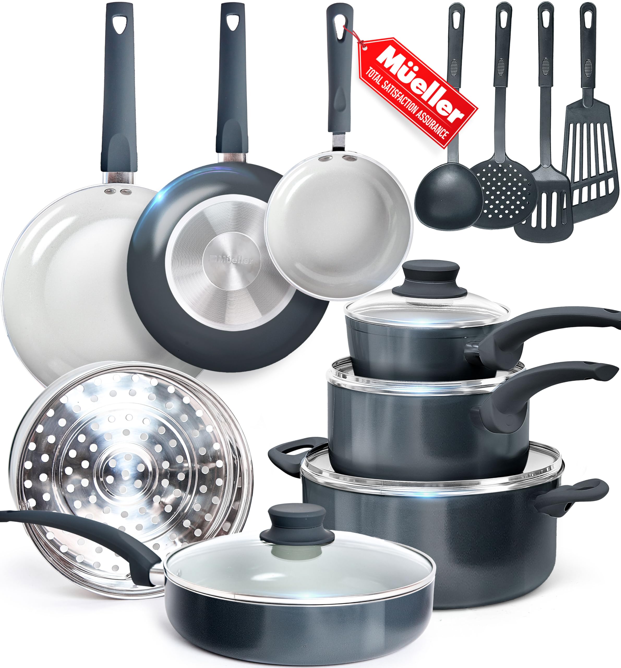 **Mueller 16-Piece Non-Toxic Ceramic Cookware Set – Healthy Stone Pots & Pans, Non-Stick, Dishwasher Safe – Includes Frying Pans, Sauce Pan, Steamer & Vented Glass Lids – Perfect for Healthy Cooking, Frying, Steaming & Everyday Kitchen Use**