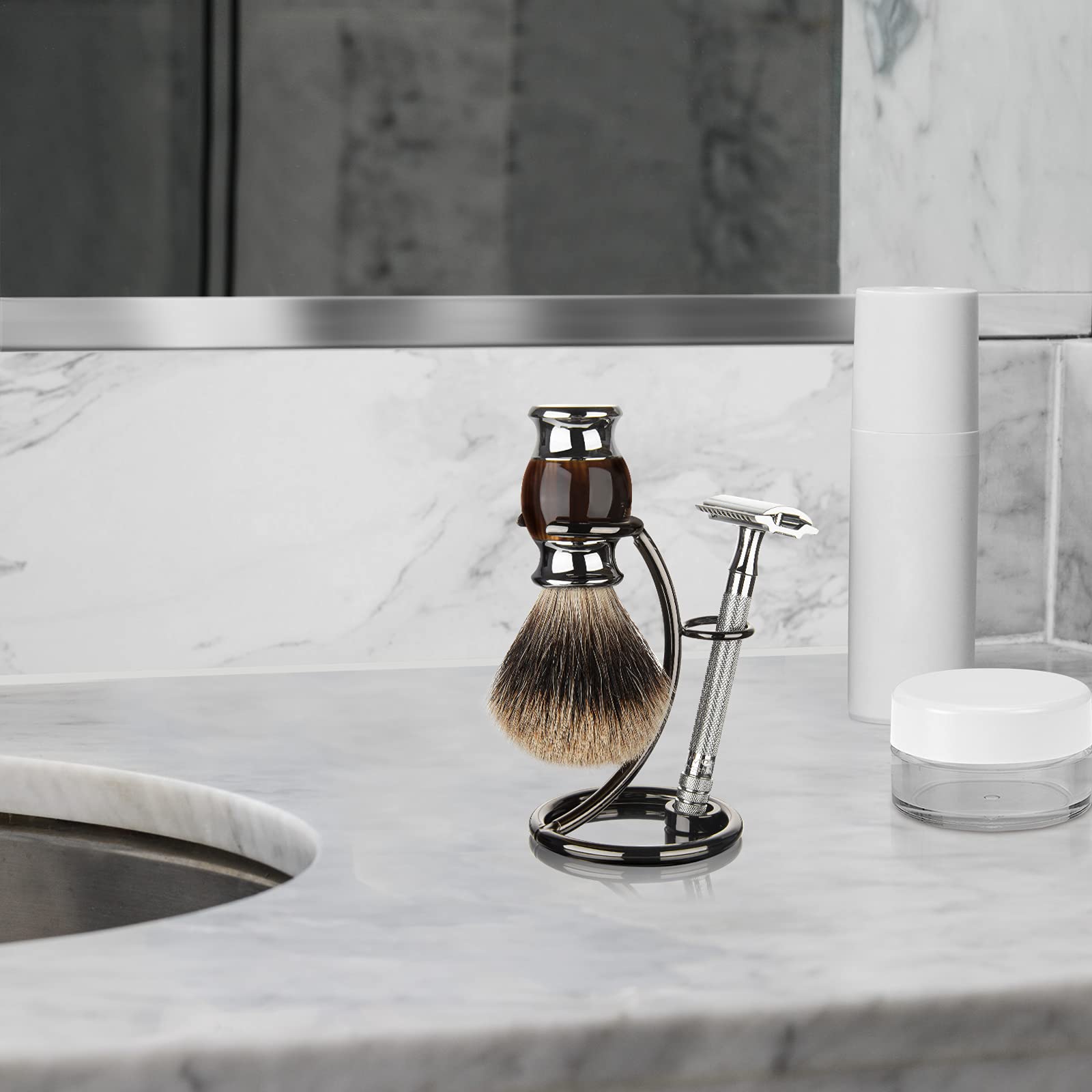 Linkidea Stainless Steel Shower Shaving Brush & Razor Holder Stand - Compatible with Vikings Blade Chieftain & Emperor Augustus Razors (Brushed Nickel) - Bathroom Organizer for Wet/Dry Storage