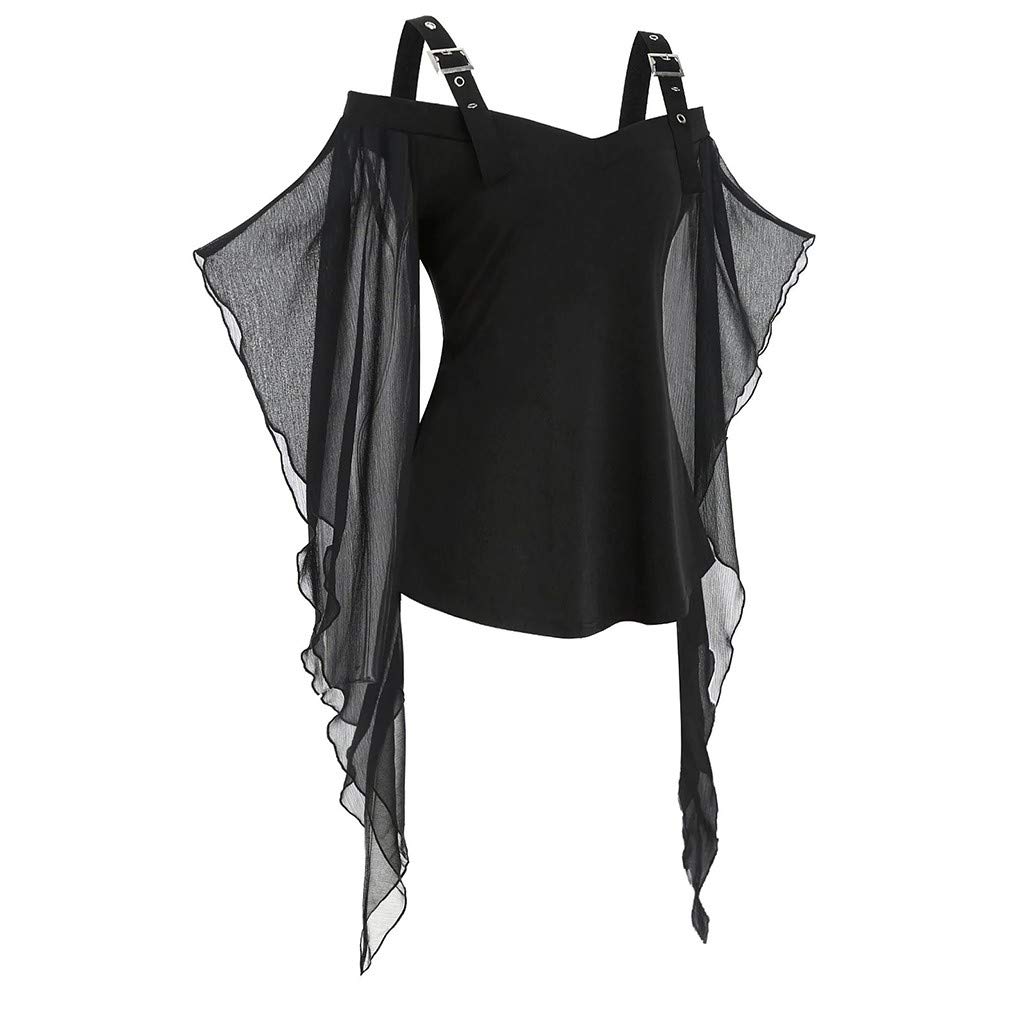 Halloween Witch Top for Women - Gothic Criss Cross Lace Flare Sleeve Cold Shoulder Tunic with Butterfly Sleeves | Perfect for Halloween Cosplay, Witch Costume Parties & Gothic Fashion Events