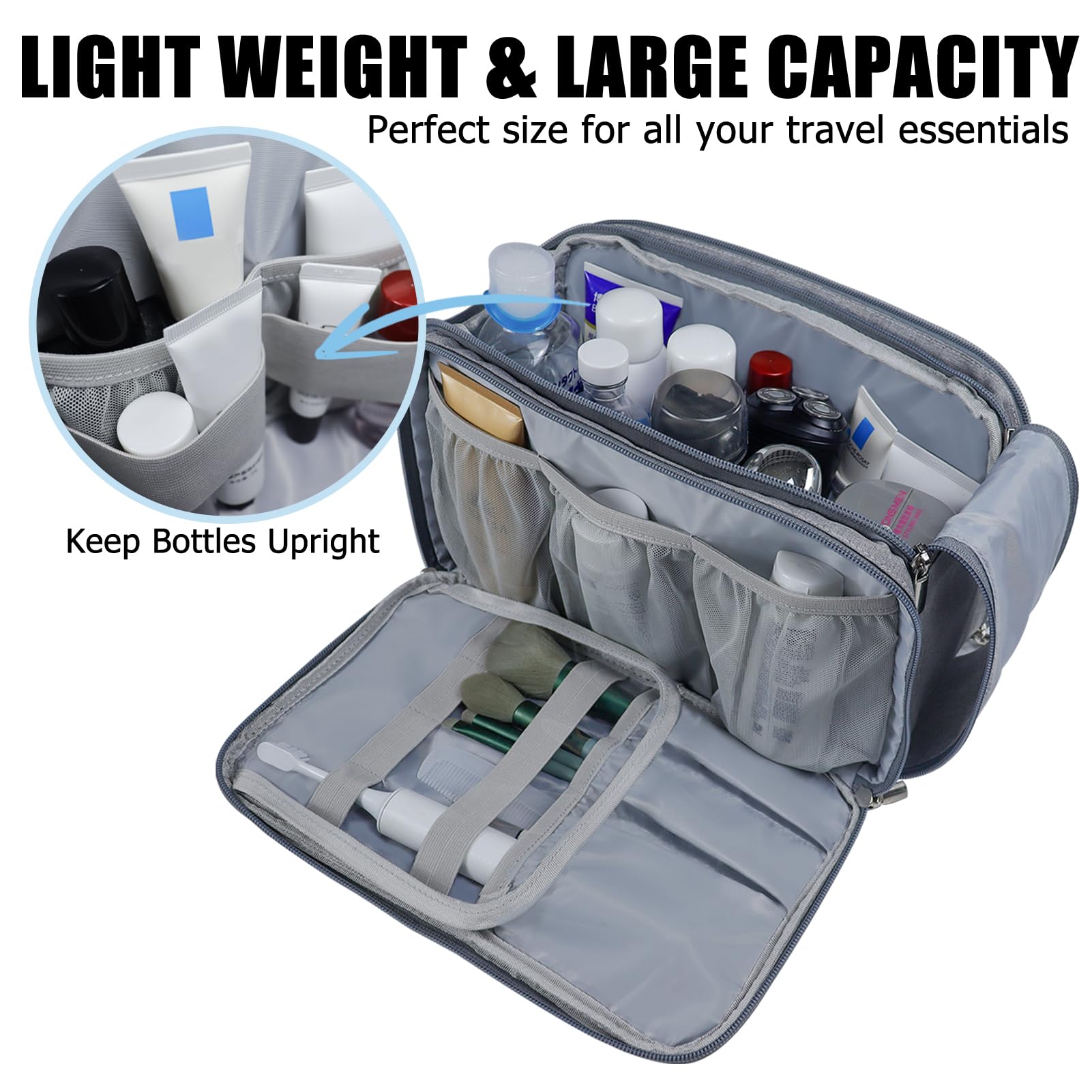 Waterproof Travel Toiletry Bag for Men & Women - Grey Washbag with Handle for Makeup & Bottles Storage