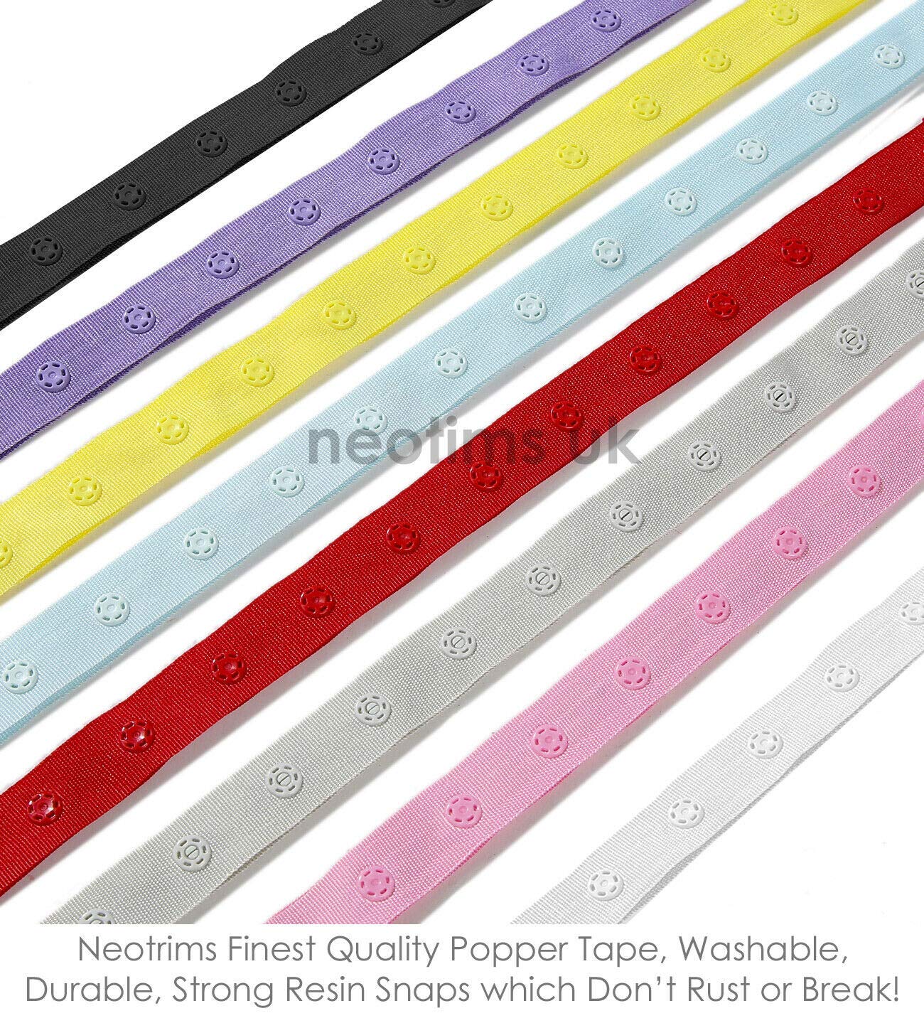 Snap Popper Tape Ribbon - 2.5cm Spacing Fastening Trim - 8 Colors (Pastel, Bright, Black, White) - 10 Yards - for Clothing, Duvet Covers, Curtains & DIY Crafts