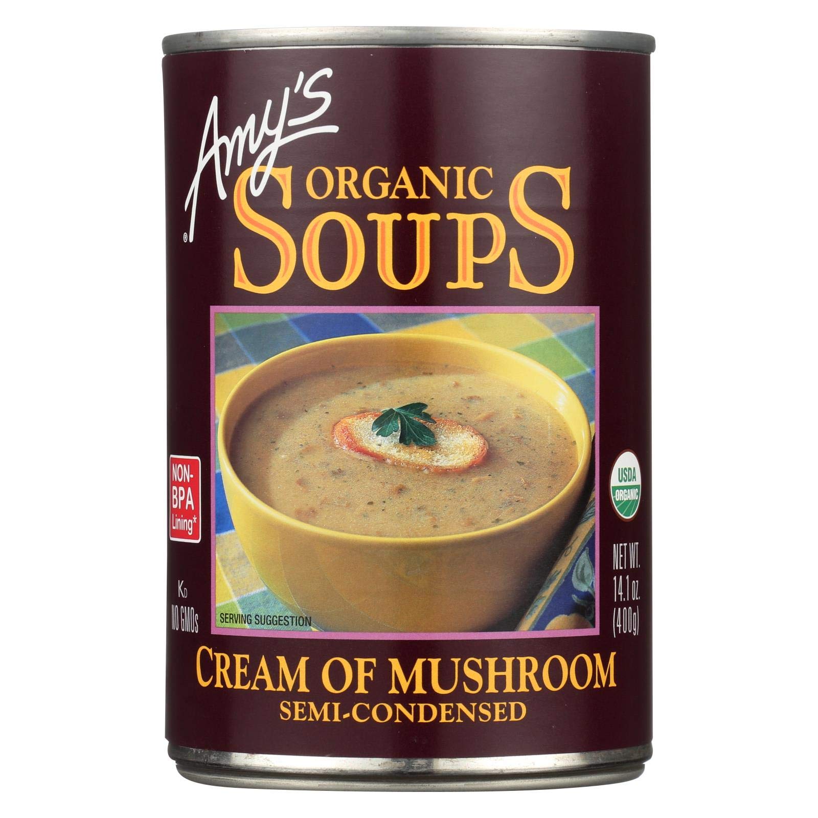 Organic Cream of Mushroom Soup by Amy's - 14.1 Oz (12 Pack) | USDA Certified, Gluten-Free, Vegan Canned Soup | Perfect for Quick Lunches, Camping & Emergency Food Storage