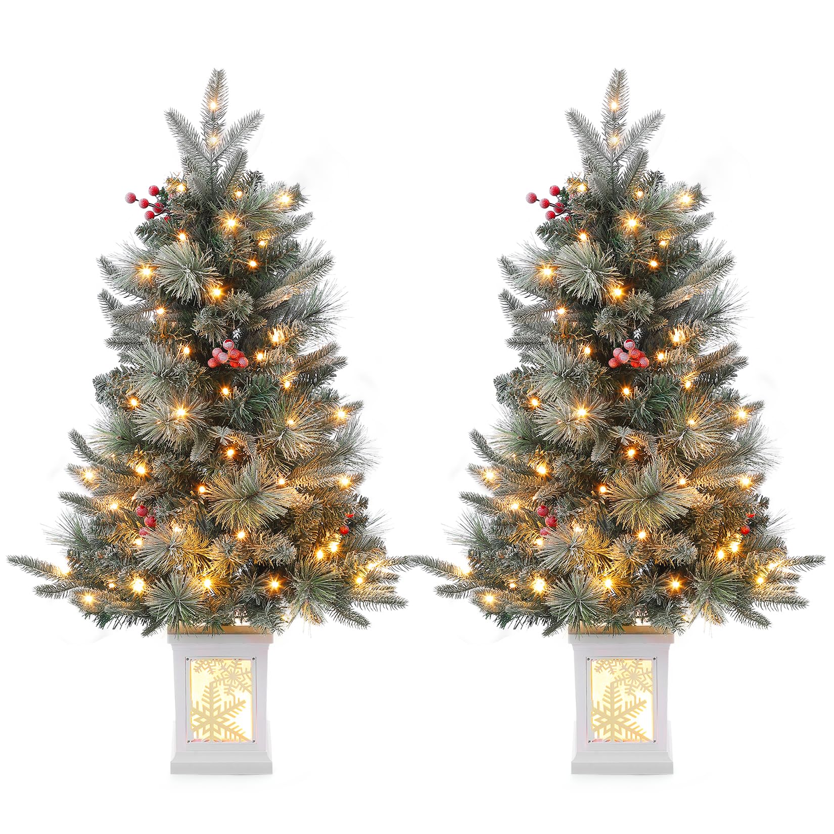 GARVEE 3FT Pre-Lit Artificial Snow Flocked Christmas Tree with Snowflake Light Box Base - 78 LED Lights, 8 Lighting Modes, Battery Operated - Perfect for Home, Office, Party & Holiday Decorations (Set of 2) - Ideal for Christmas Tree Decorations, Winter Wonderland Themes & Festive Centerpieces