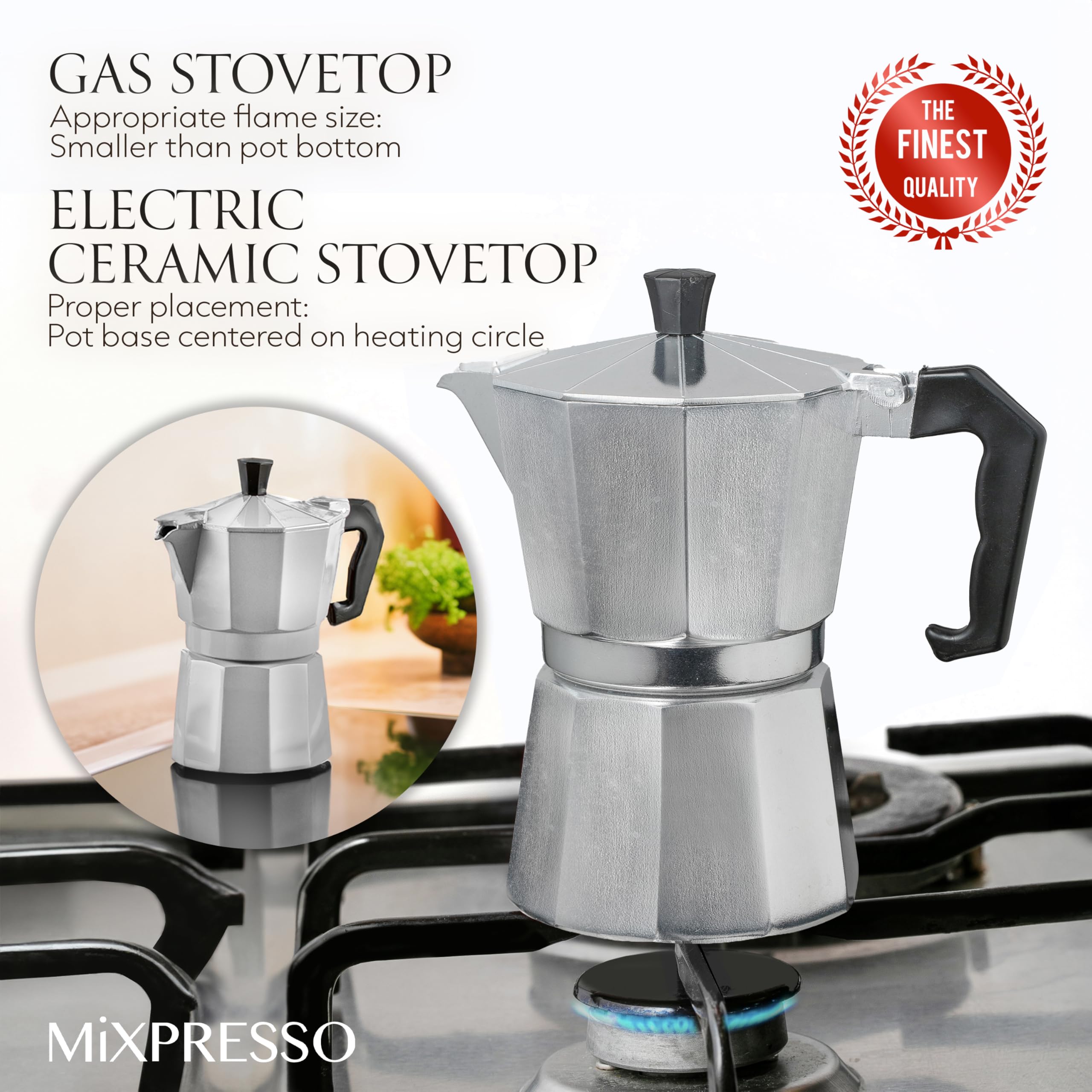 Mixpresso 3-Cup Stovetop Espresso Maker - Italian Moka Pot for Gas & Electric Stoves, Perfect for Home, Office & Camping - Brews 5oz Rich Cuban Coffee & Espresso