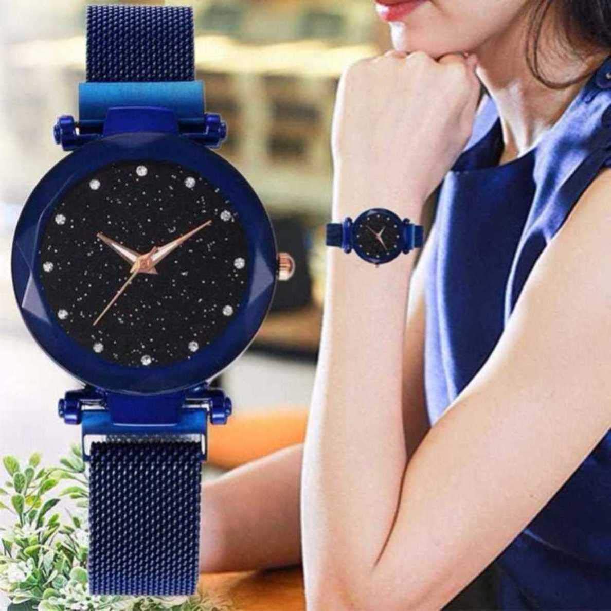 Premium Acnos Stainless Steel Women's Watch - Black Round Diamond Dial with Blue Magnet Belt, Analog Timepiece for Everyday Wear & Special Occasions (DM-Blue10) | Perfect for Office, Parties & Gifts
