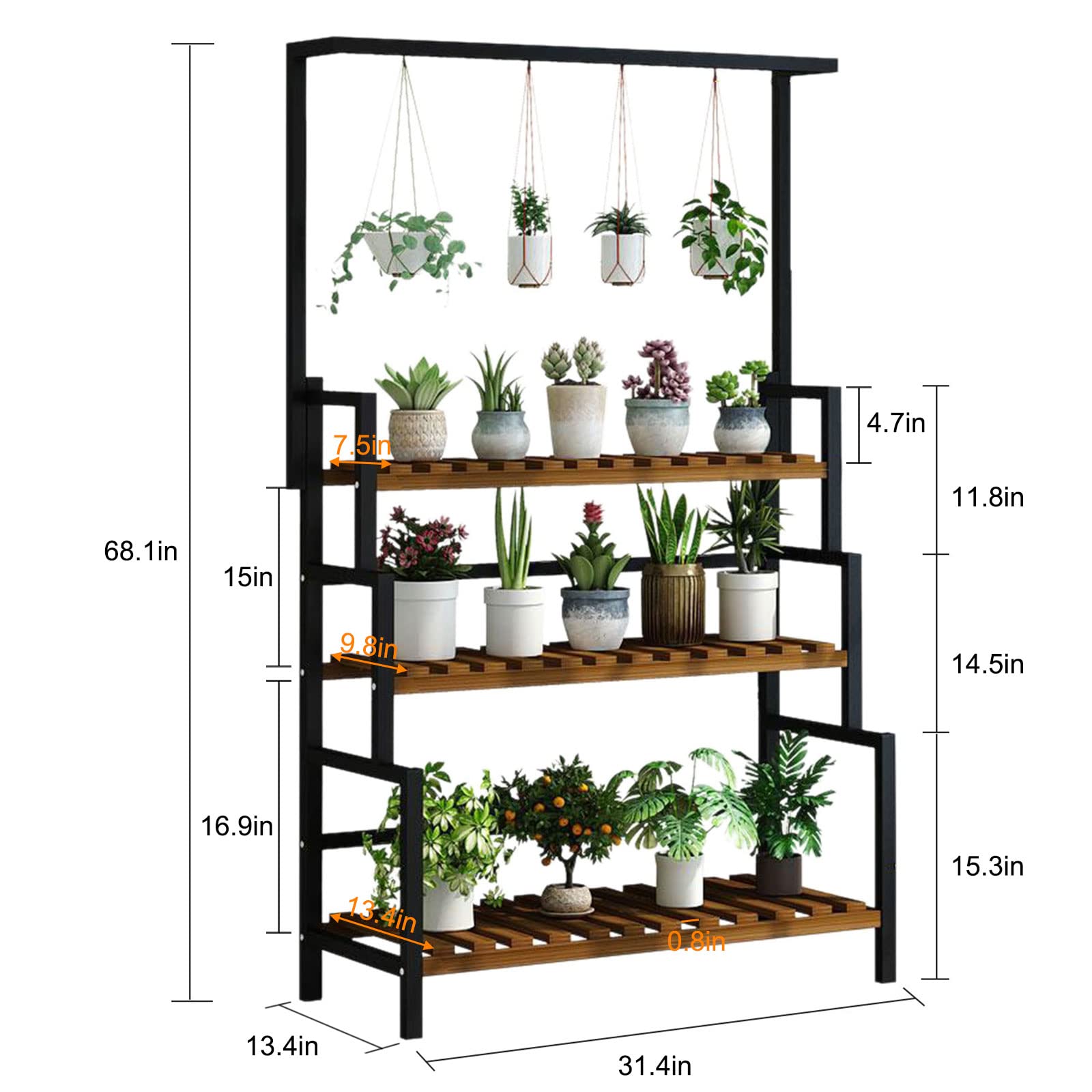 3-Tier Hanging Plant Stand with Metal Frame - Indoor/Outdoor Wooden Plant Shelf for Garden, Balcony & Patio - Perfect for Displaying Flower Pots, Succulents & Herbs