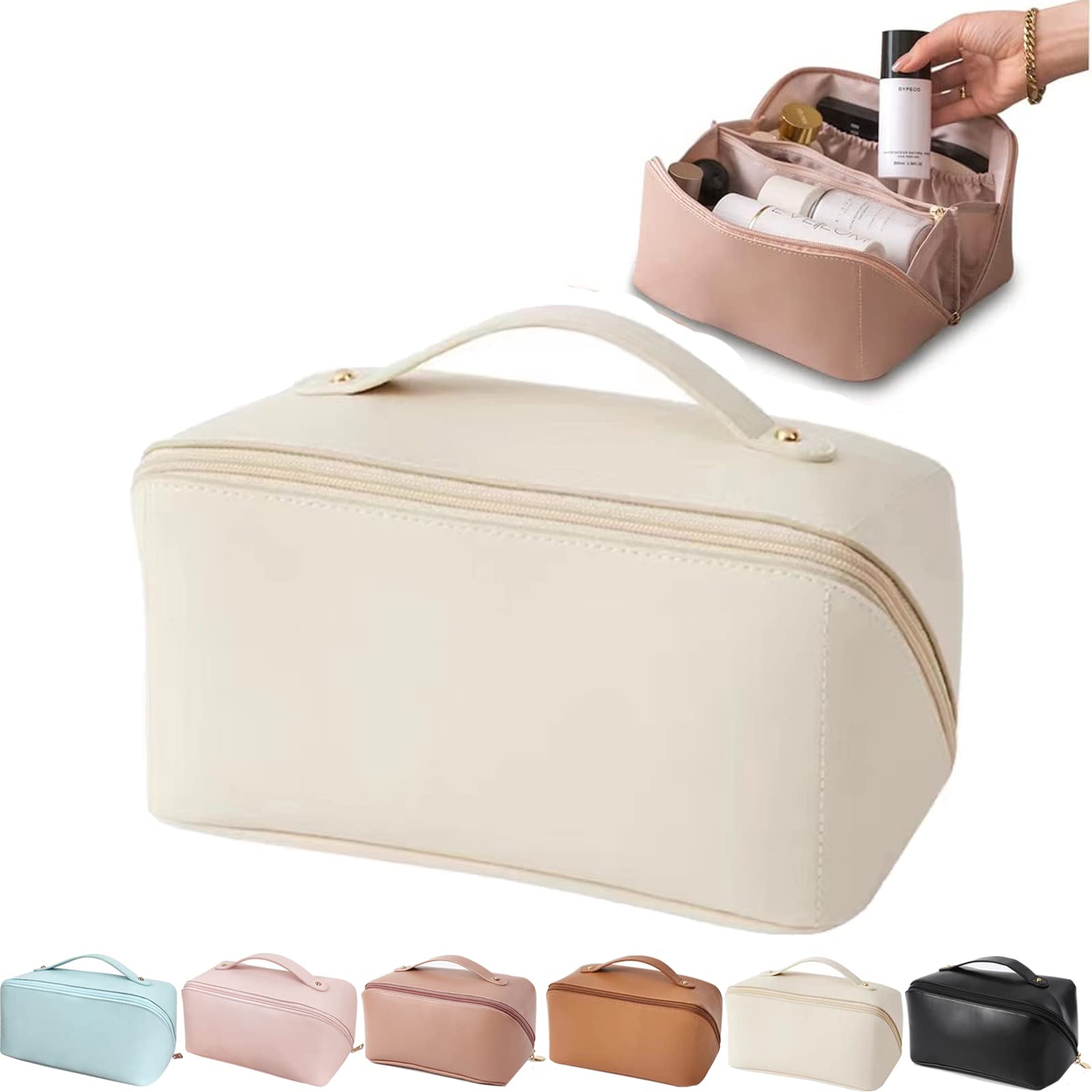 Large Capacity Travel Makeup Bag for Women - Waterproof Cosmetic Organizer with Multiple Pockets, Perfect for Toiletries, Brushes & Skincare (A-Beige) | Ideal for Vacations, Business Trips & Gym Essentials