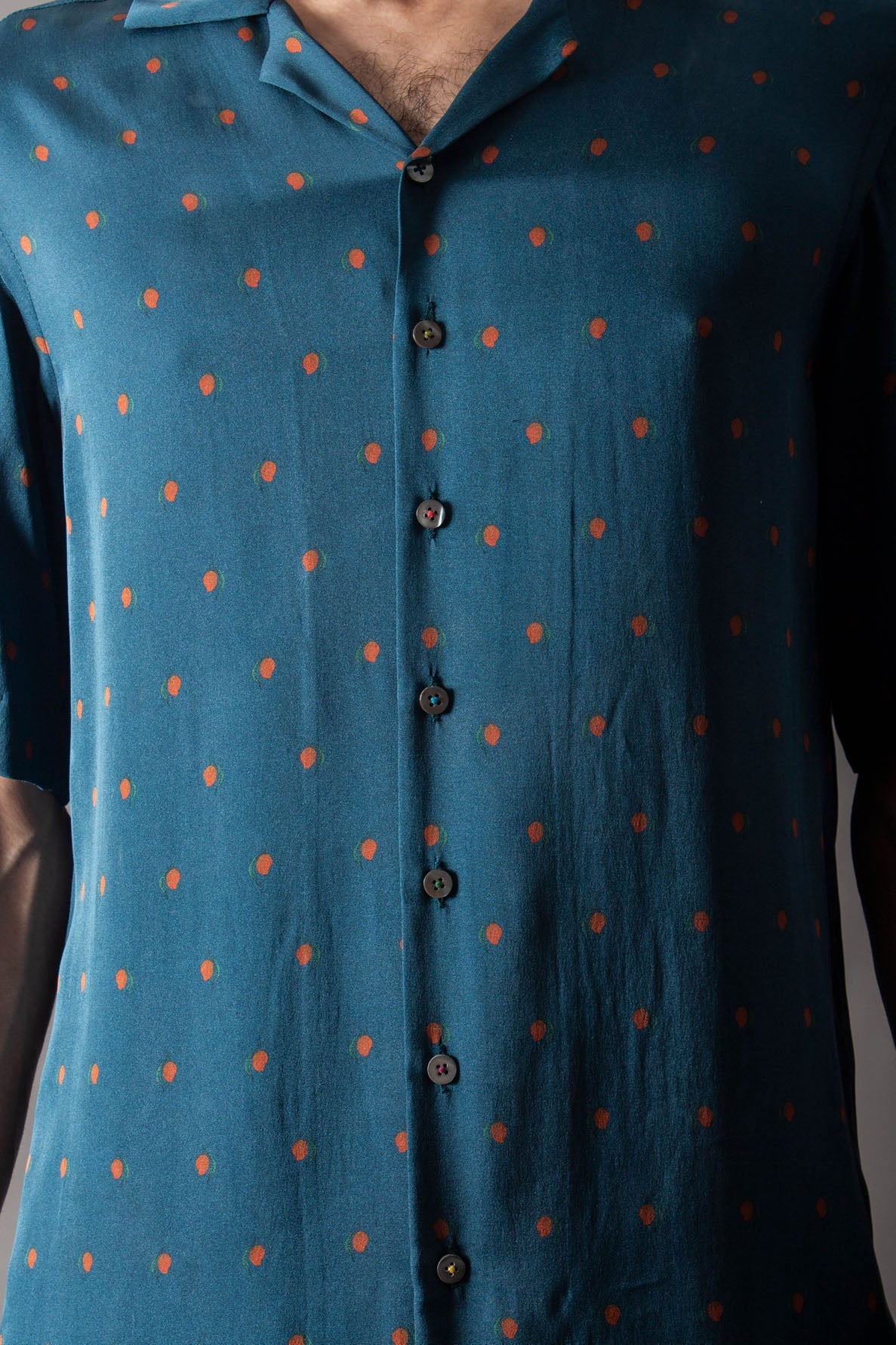 Bush Shirt - Satin Lycra Teal Mango Green Blouse for Women | Elegant Casual Wear for Outdoor Adventures & Tropical Vacations