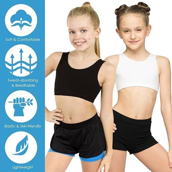 Girls Sports Bra for Ages 9-14 - Seamless First Training Bra for Active Kids - Breathable Crop Top for Dance, Gymnastics & Yoga - Comfortable Underwear for School & Play