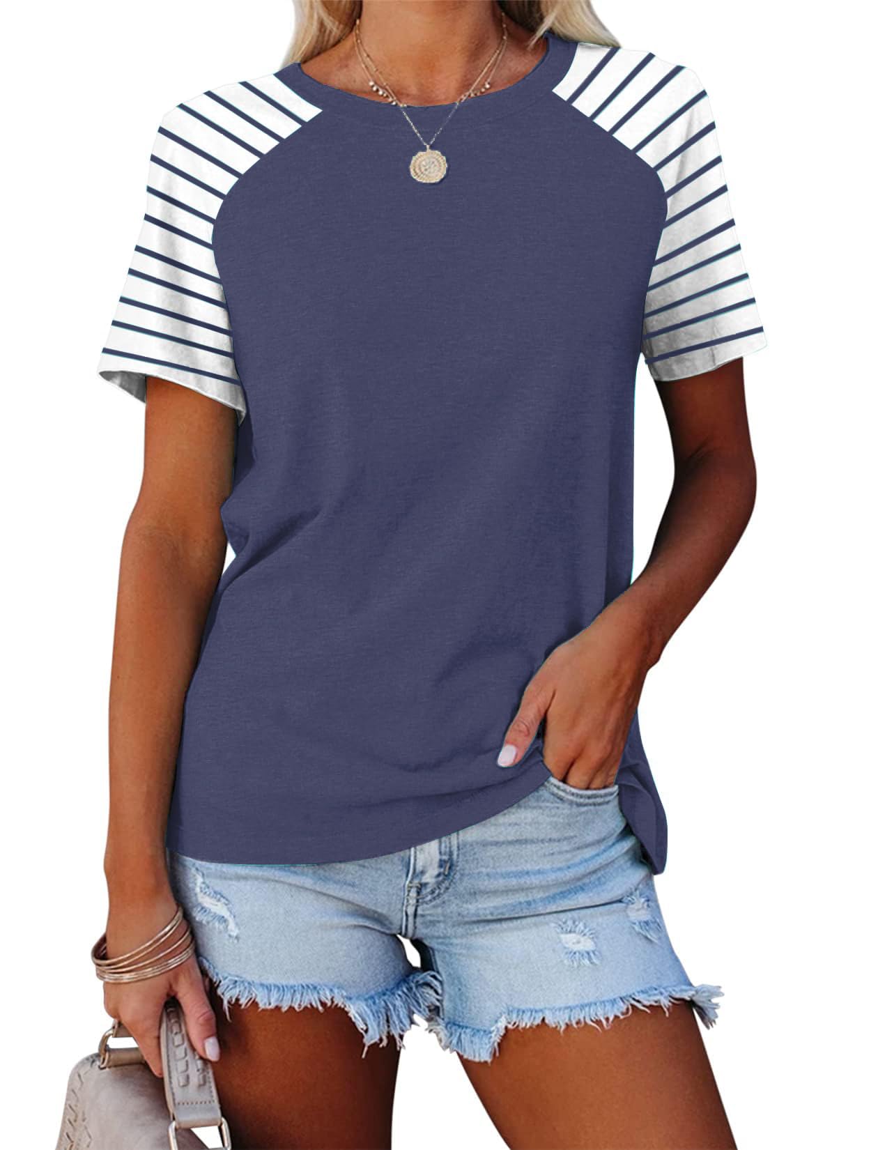 Women's Summer Short Sleeve Raglan Striped T-Shirts - Casual Comfort Top for Outfits, Beach & Vacation Wear