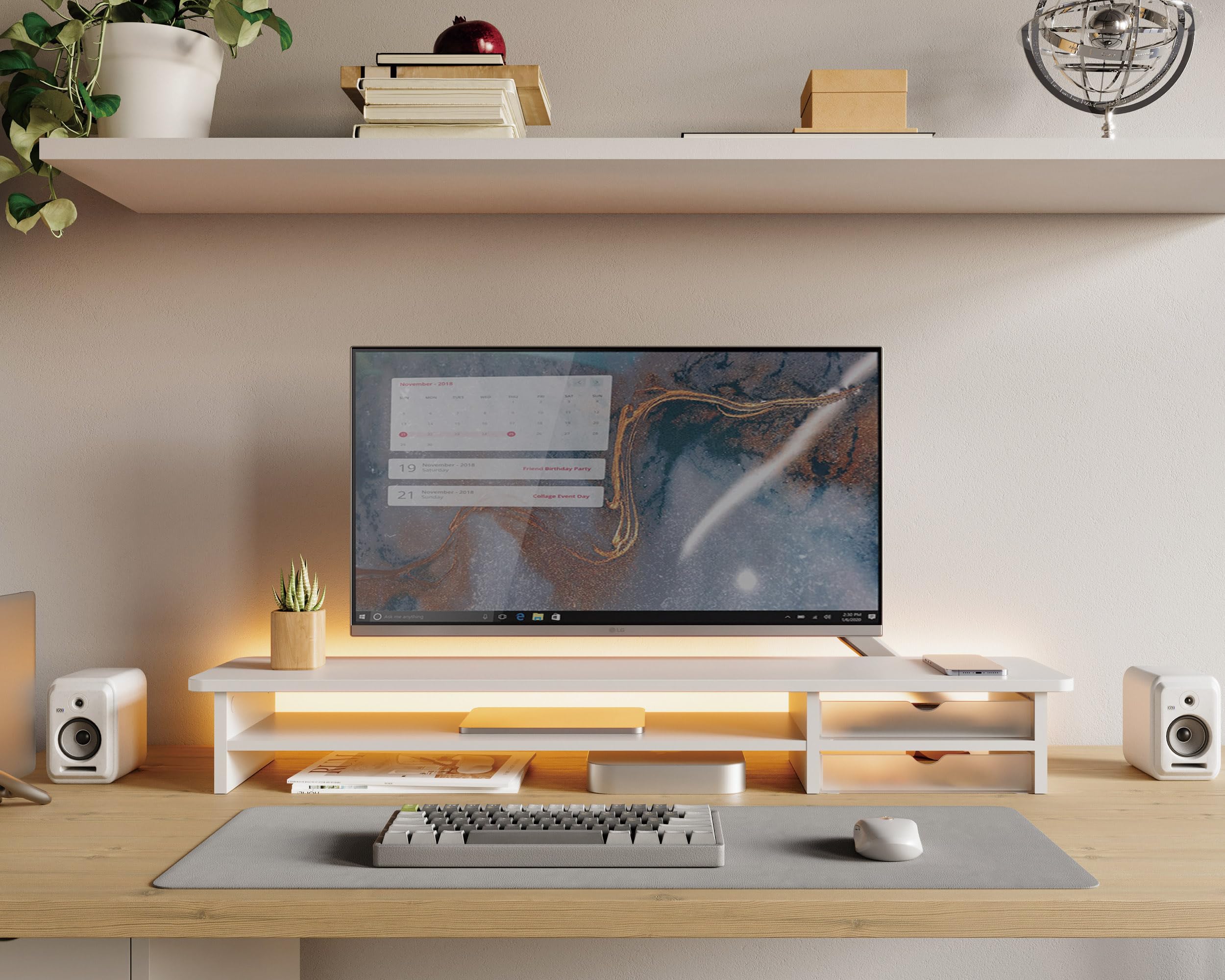 FENGE Dual Monitor Stand Riser with Storage Drawers - 2 Tier Wood & Acrylic Desktop Organizer for Computer, Laptop, Printer, TV - Space Saving Home Office Desk Accessory (White)