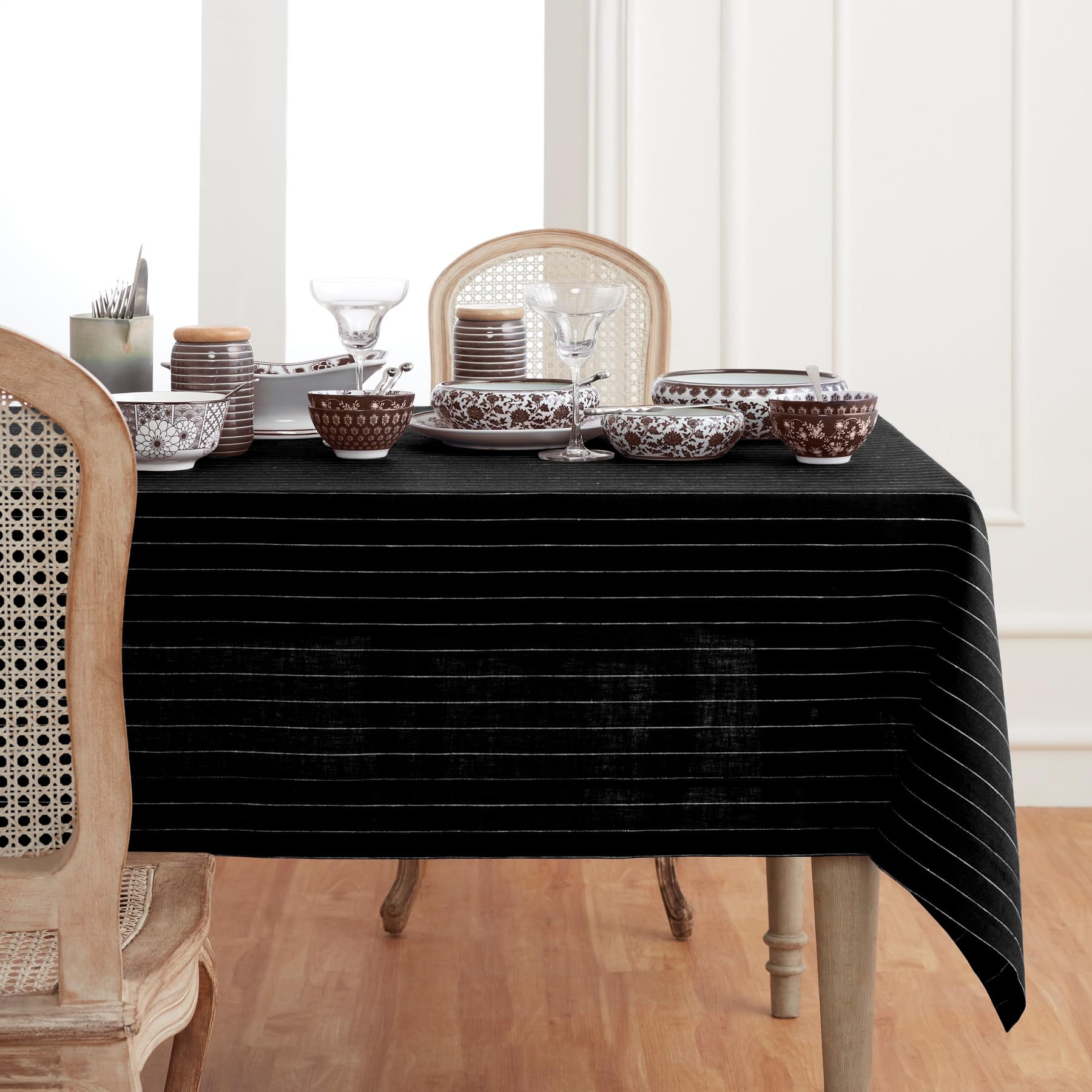 Solino Home 60x120 Inch Pinstripe Linen Tablecloth - 100% Pure Black & White Linen Table Cover for Dining Room, Spring & Easter Decor - Handcrafted, Machine Washable - Perfect for Dinner Parties, Holiday Gatherings & Restaurant Use