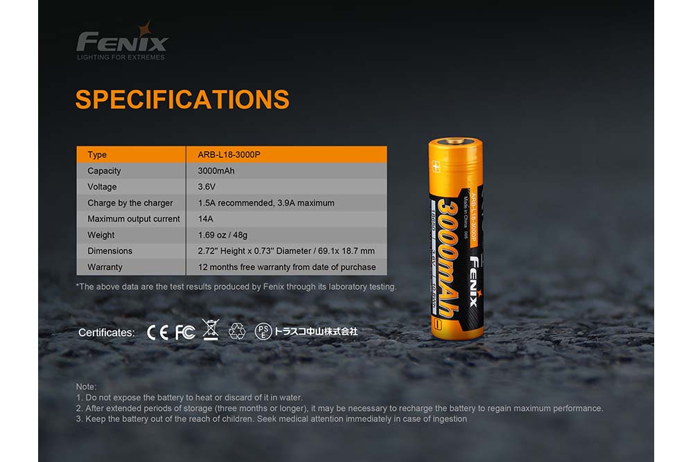 Fenix ARB L18 3000P Rechargeable Lithium-ion Battery for Flashlights, Headlamps & Outdoor Gear - Perfect for Camping, Hiking & Emergency Preparedness