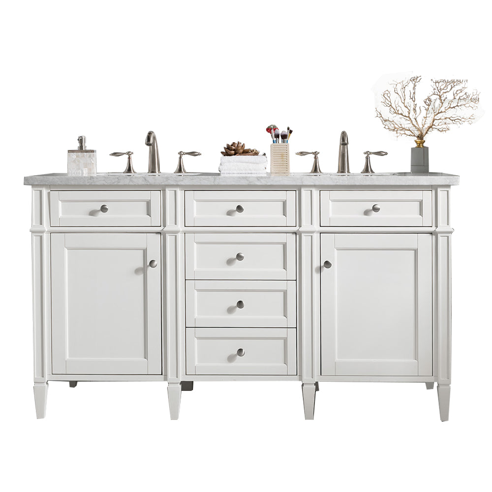 Brittany 60-Inch Bright White Double Bathroom Vanity with 3CM Carrara Marble Top - Perfect for Master Bathroom Renovation & Modern Home Decor