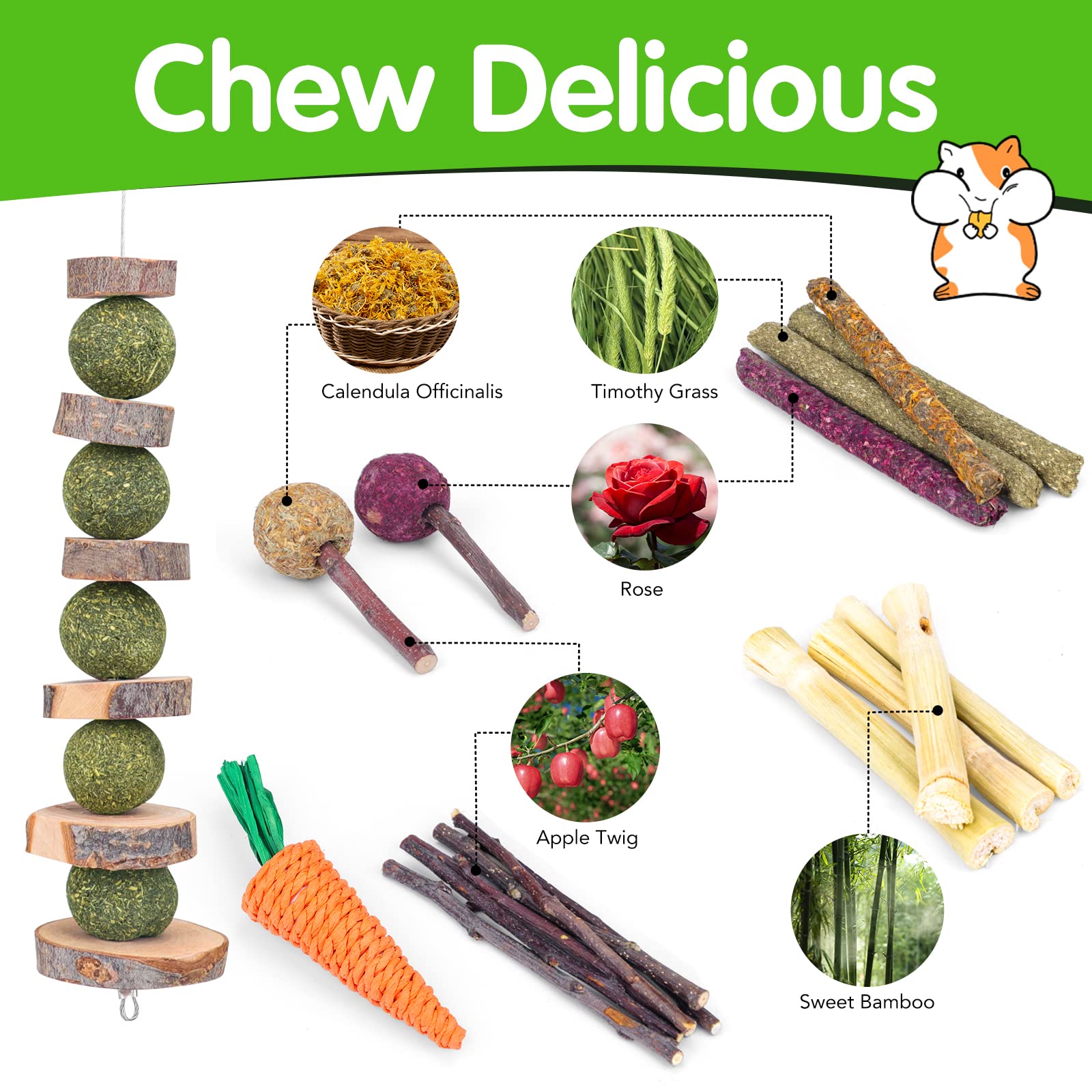 Vespro Natural Timothy Hay Sticks and Balls for Rabbits, Guinea Pigs, Hamsters - Healthy Teeth Care Chew Toys for Small Pets - Perfect for Cage Enrichment and Dental Health