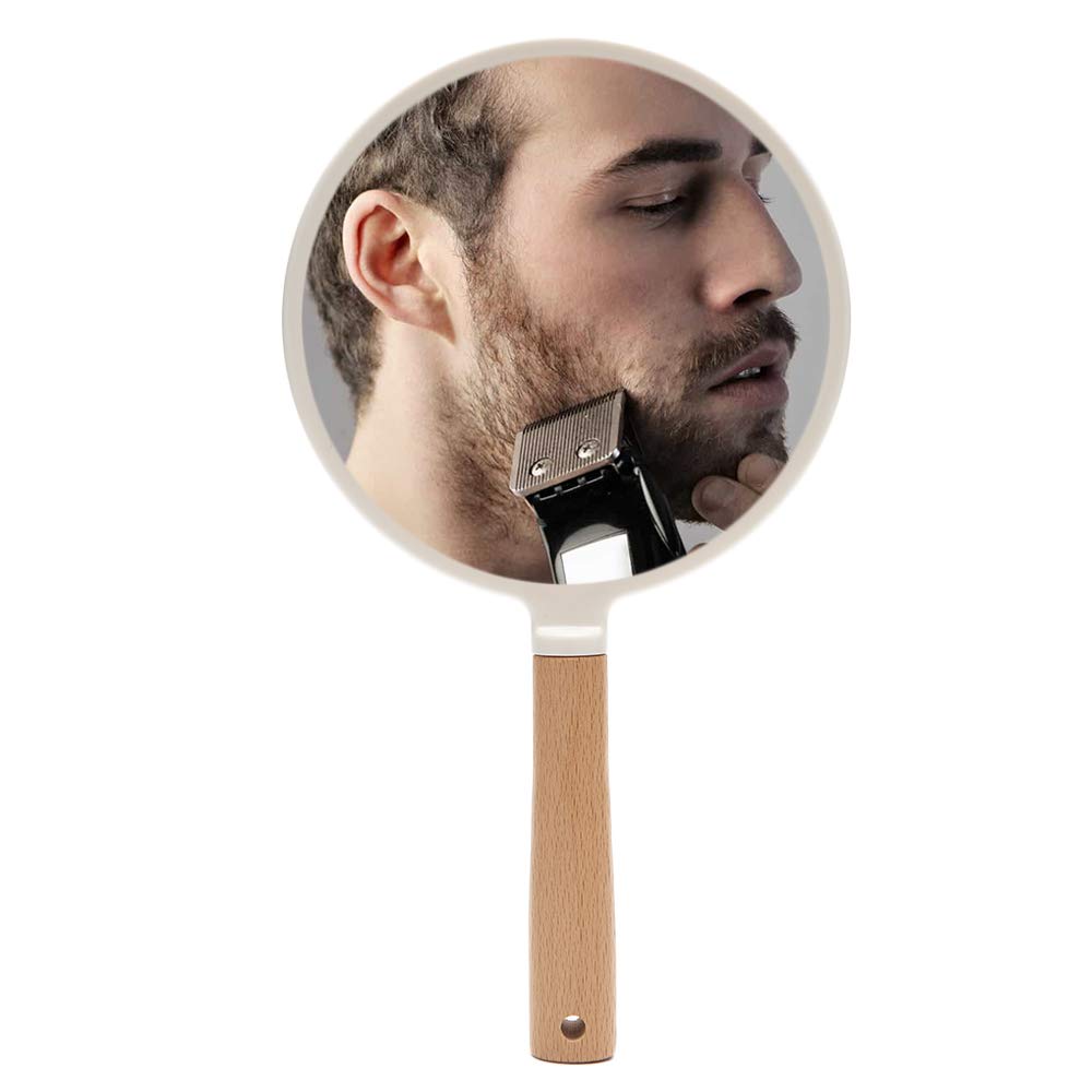 YEAKE Handheld Vanity Mirror with Wooden Handle - Small Round Portable Makeup Mirror for Men & Women, Perfect for Travel, Shaving, and Grooming (Hanging Hole Included)