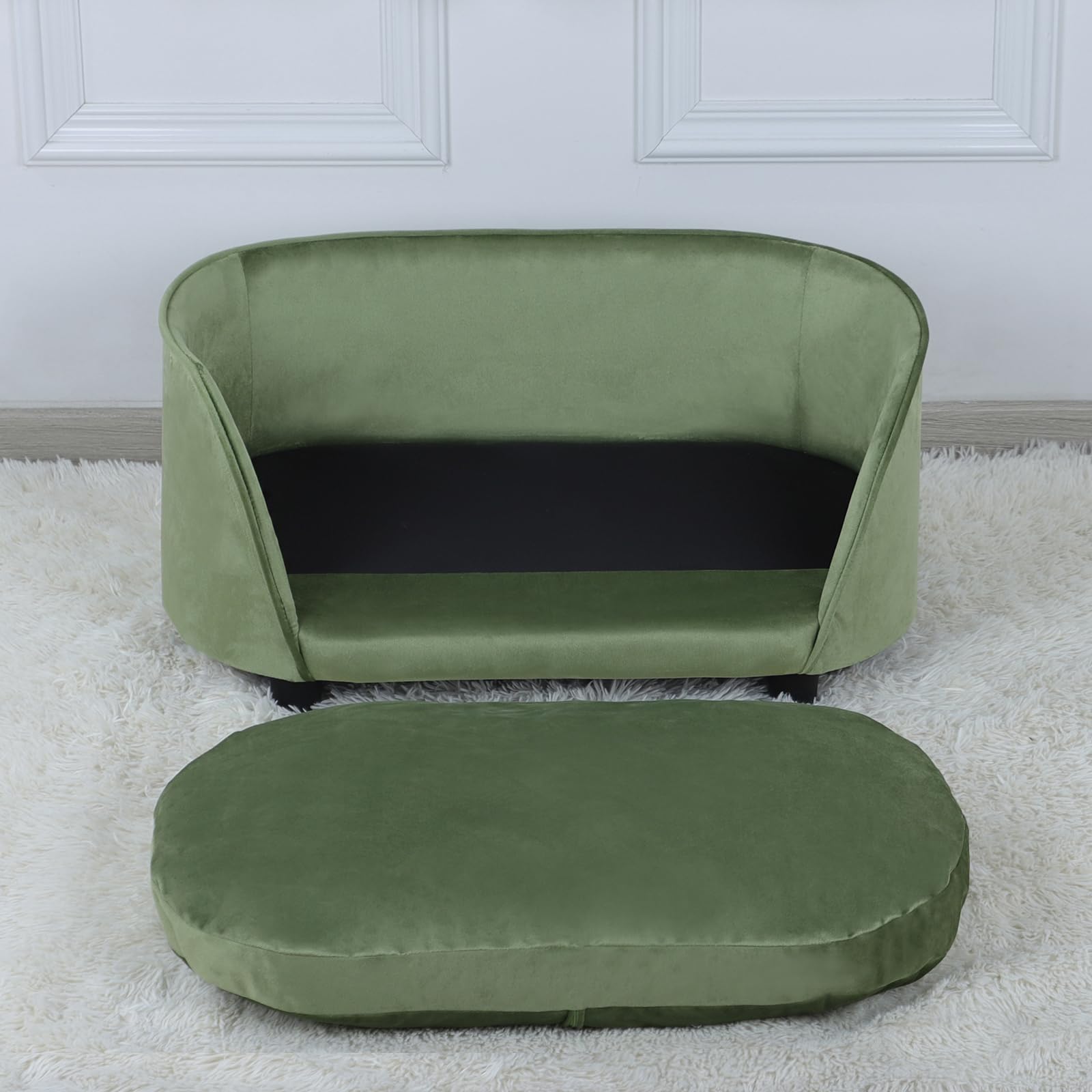 Premium Pet Sofa Bed for Small Dogs & Cats - Wooden Frame Velvet Washable Cushion - Cozy Dog Couch & Cat Bed for Living Room, Bedroom & Office (Green)