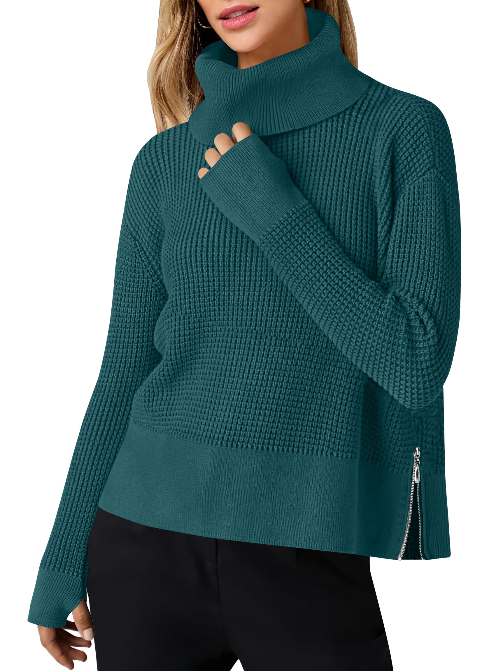 ANRABESS Women's Turtleneck Long Sleeve Sweater - Waffle Knit Casual Pullover with Side Zipper & Thumbholes | Cozy Fall Winter Outfits for Work, Date Night and Layering 2024