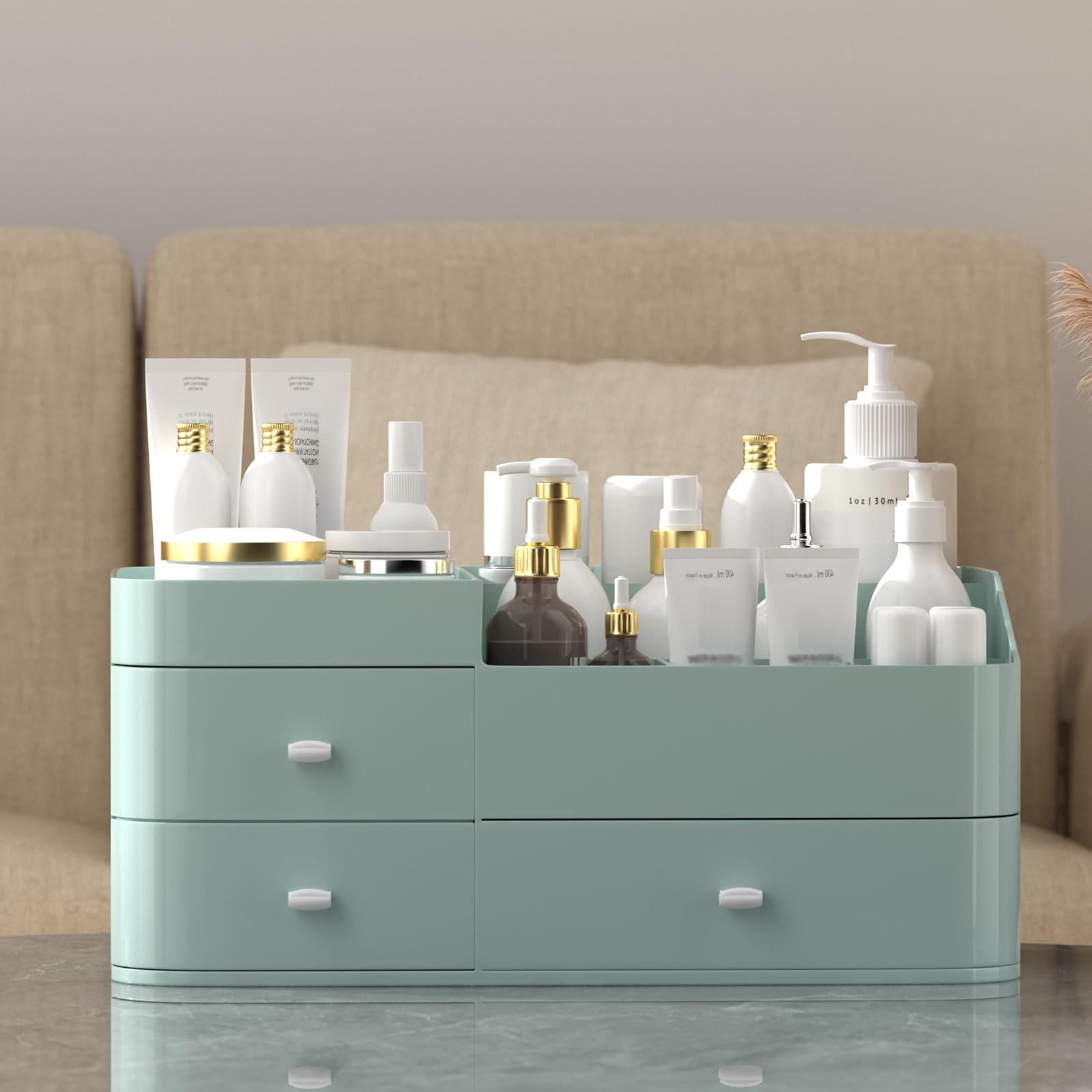 MIUOPUR Large Capacity Makeup Organizer with Drawers - Cosmetic Storage for Lipsticks, Jewelry, Nail Care & Skincare | Vanity & Desk Organizer | Perfect for Bedroom, Bathroom Countertops & Dressing Tables (Green)