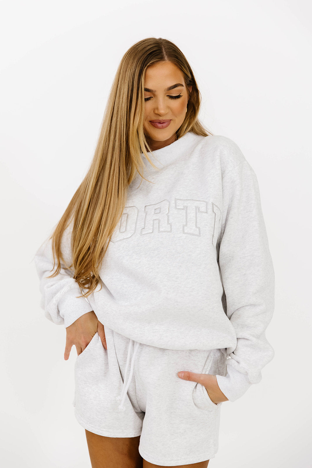 WORTH Tone On Tone Embroidered Mockneck Sweatshirt for Women - Pearl Grey Pullover with Elegant Stitching | Perfect for Casual Outfits, Layering & Fall Fashion