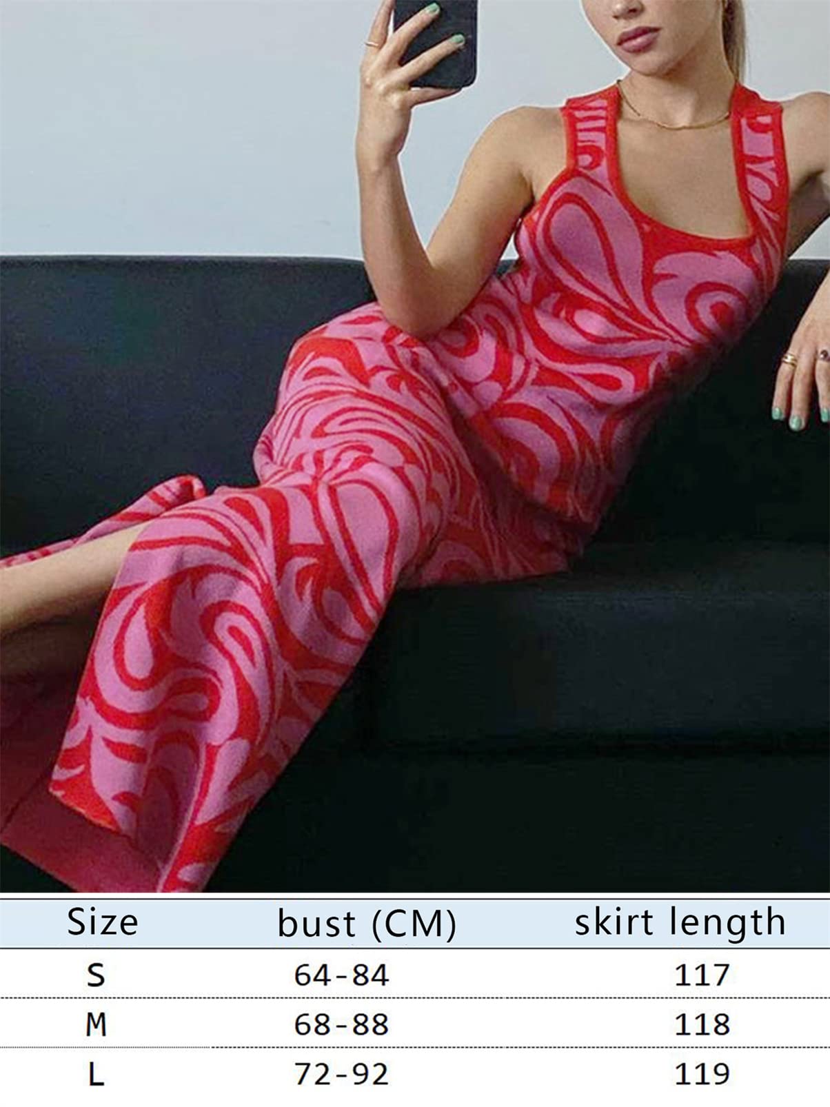 Y2K Print Knit Bodycon Dress for Women - Sexy Sleeveless Halter Neck Long Dress with Hollow Out Design | Perfect for Summer Parties, Club Wear & Street Fashion