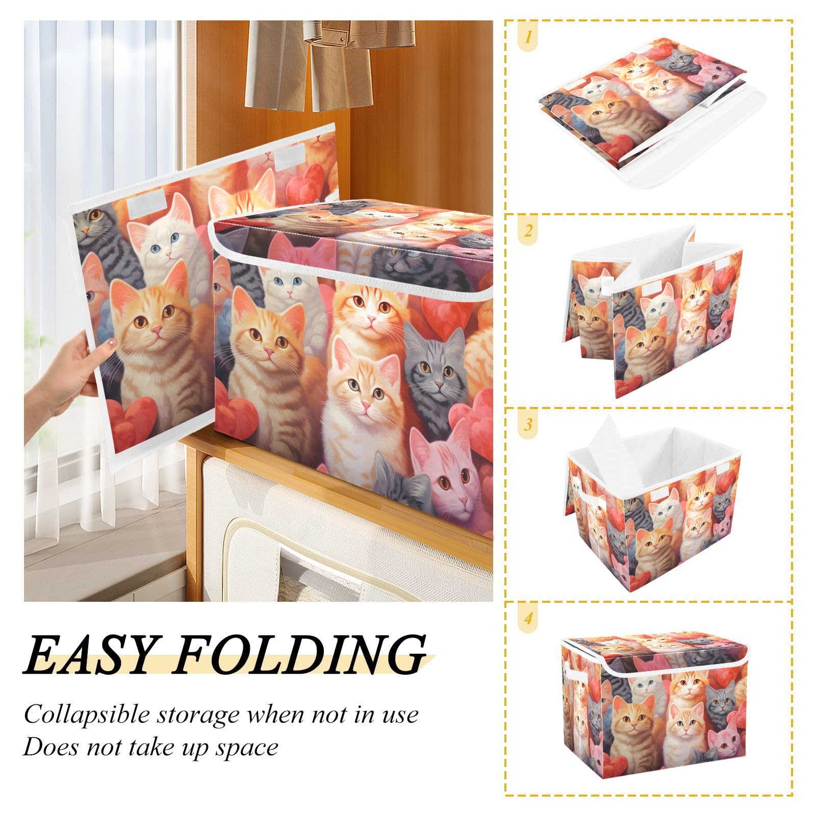 Collapsible Storage Bins with Lids - Flower Cat Pattern Organizer for Clothes & Home