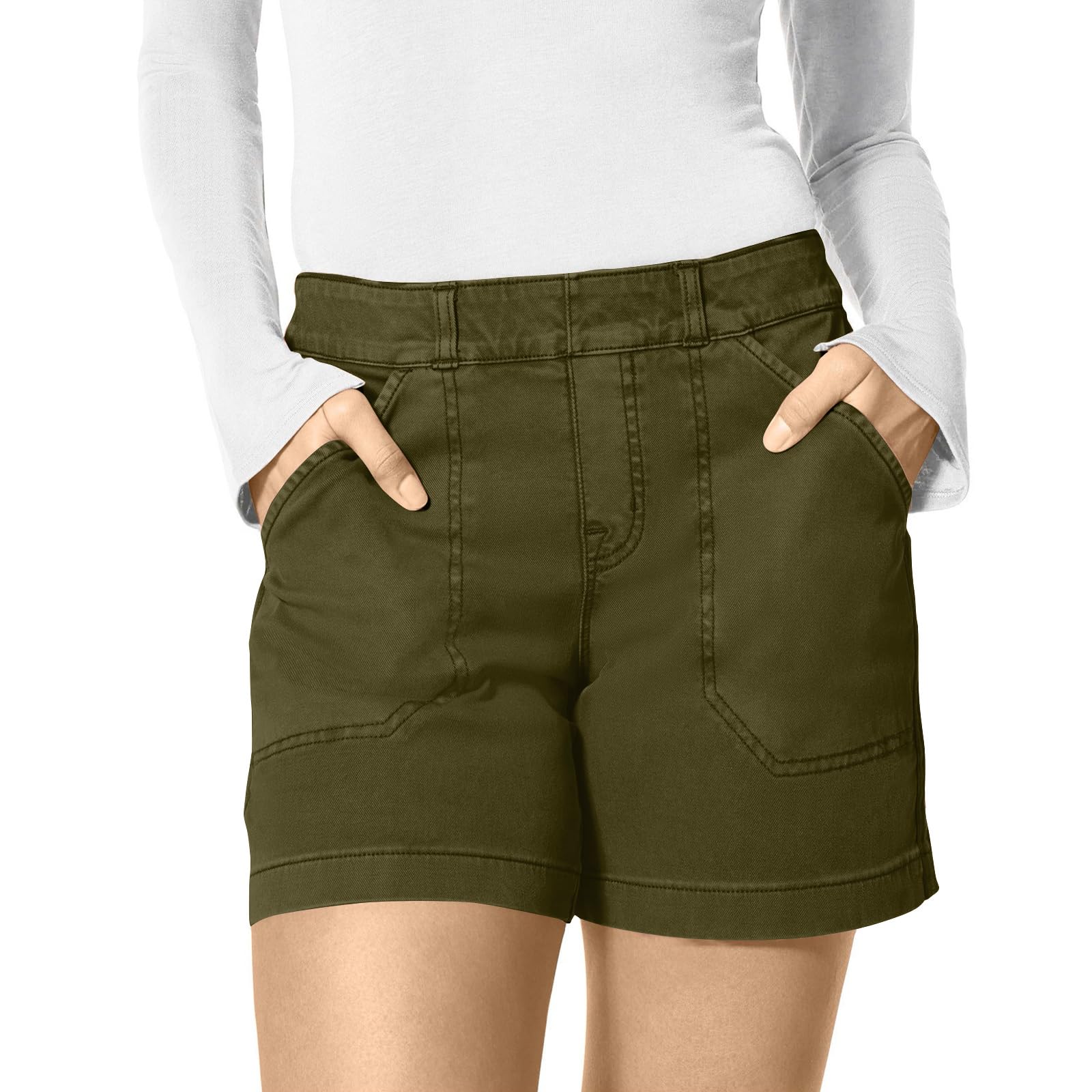 Women's Stretch Twiss Shorts - High Waisted Bermuda Denim Shorts with Pockets | Summer Casual Pull-On Chino Shorts | Elastic Waist Regular Fit Plus Size | Perfect for Hiking, Travel & Everyday Wear