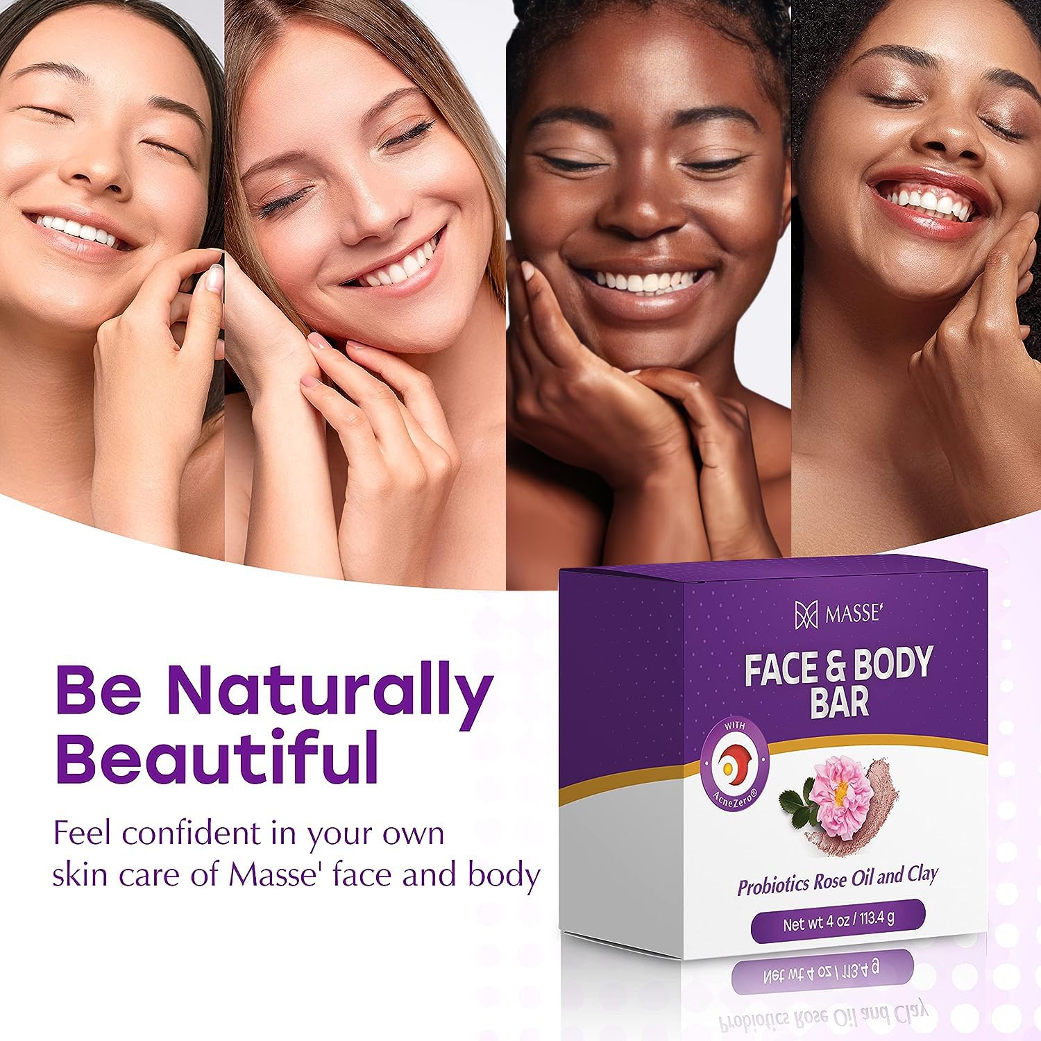 MASSE' Probiotic Face & Body Bar with Rose Oil & Clay - Infused with Coleus & Vitex Berry Extracts for Gentle Cleansing - Ideal for Men & Women - Perfect for Daily Skincare, Bathing & Sensitive Skin Care Routine