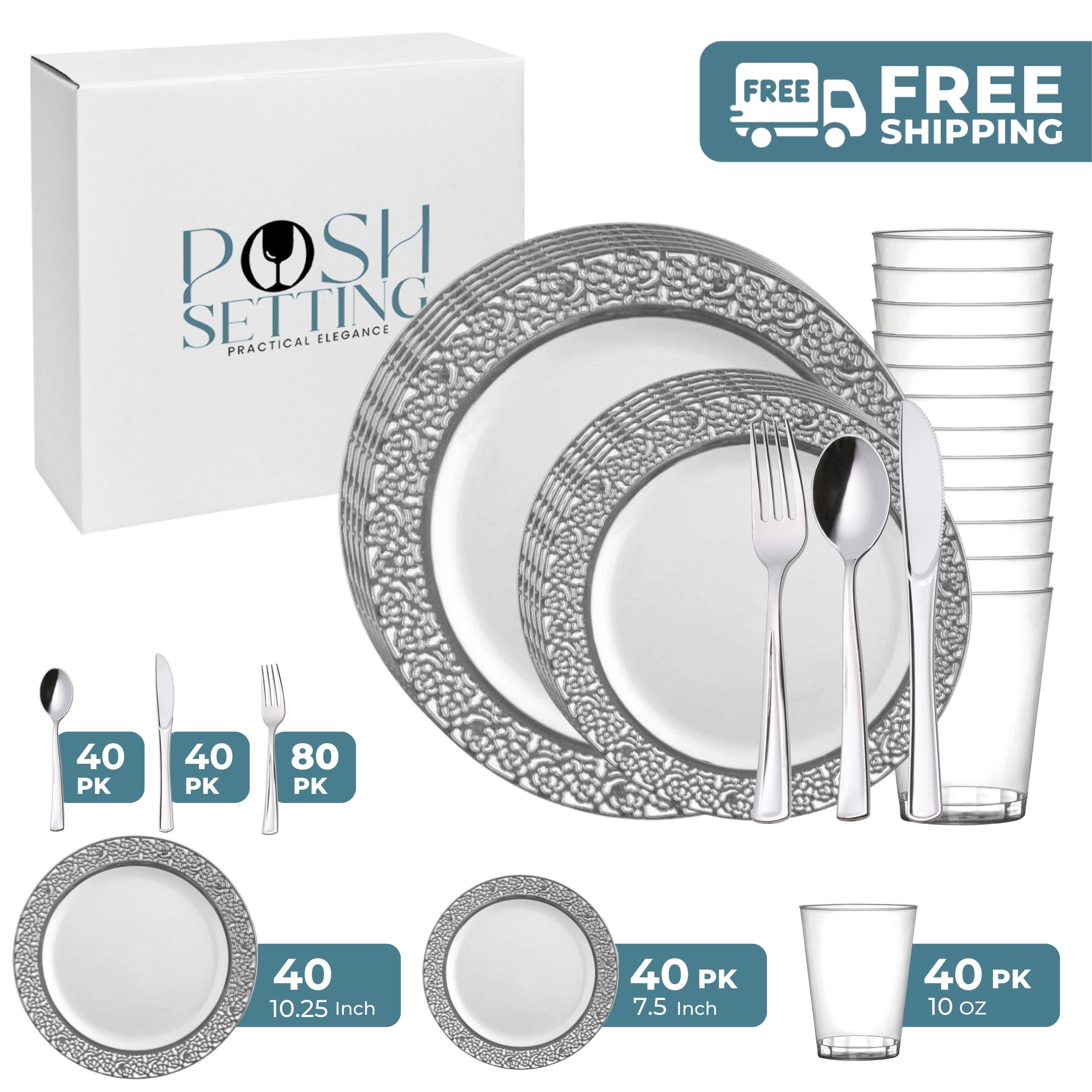 Elegant White and Silver Plastic Party Bundle with Lace - Perfect for Weddings, Birthdays, and Special Events