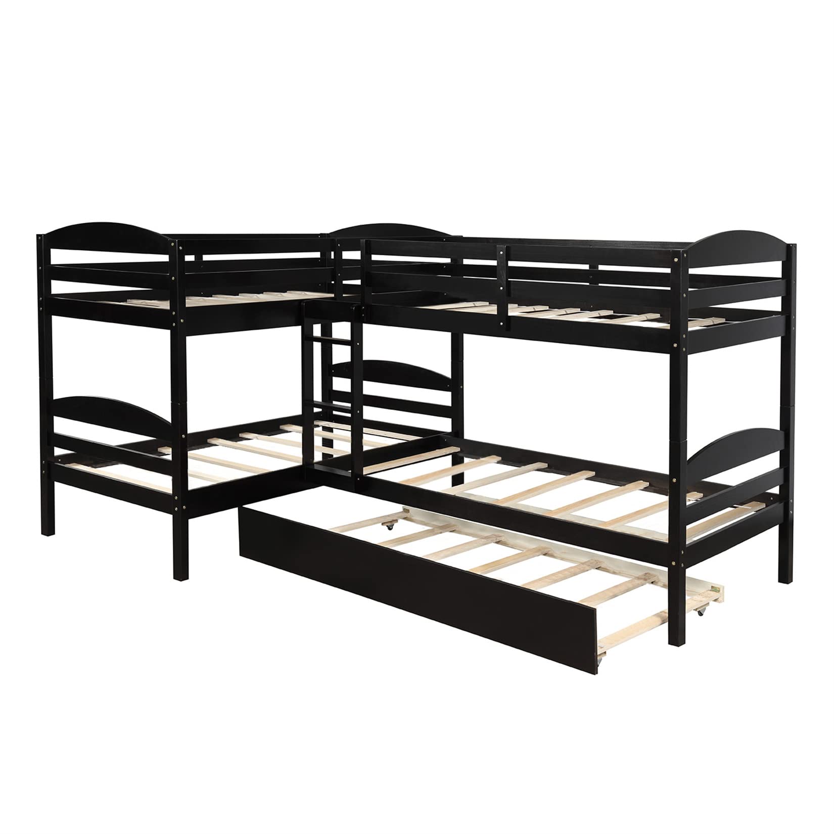 Bellemave L-Shaped Quad Bunk Bed with Trundle - Twin Over Twin Corner Bunk Bed for 4-5 Kids, Boys, Girls & Teens - Espresso Finish - Ideal for Small Bedrooms, Shared Kids Rooms & Vacation Homes