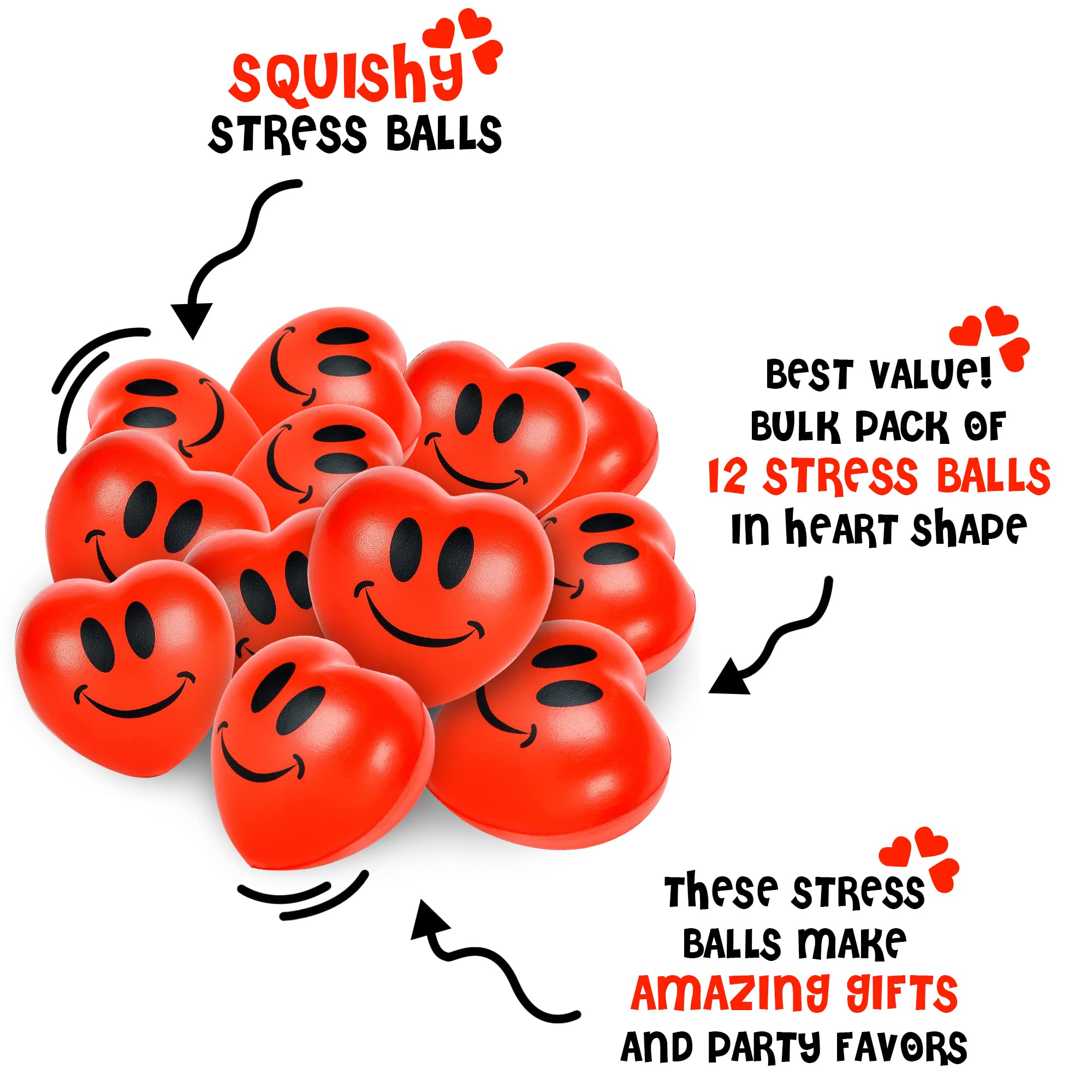 ArtCreativity 12-Pack Heart Stress Balls - 2.75 Inch Red Foam Squishy Toys with Smile Face for Stress Relief & Fun | Perfect for Valentine's Day Gifts, Easter Basket Stuffers, Party Favors, Classroom Rewards & Office Decor (Kids & Adults)